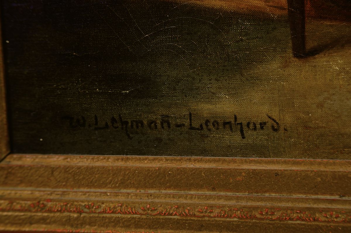 Detail a: Wilhelm Lehmann-Leonhard, 1877 Dresden-1954 Ergoldsbach, Interieur mit Gelehrten um einen Globus, links unten signiert, Öl/Lwd, 53x62 cm, Rahmen ...