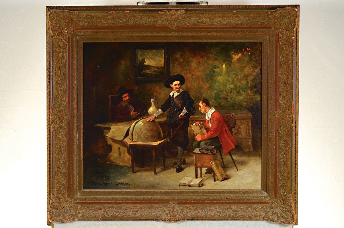 Detail k: Wilhelm Lehmann-Leonhard, 1877 Dresden-1954 Ergoldsbach, Interieur mit Gelehrten um einen Globus, links unten signiert, Öl/Lwd, 53x62 cm, Rahmen ...