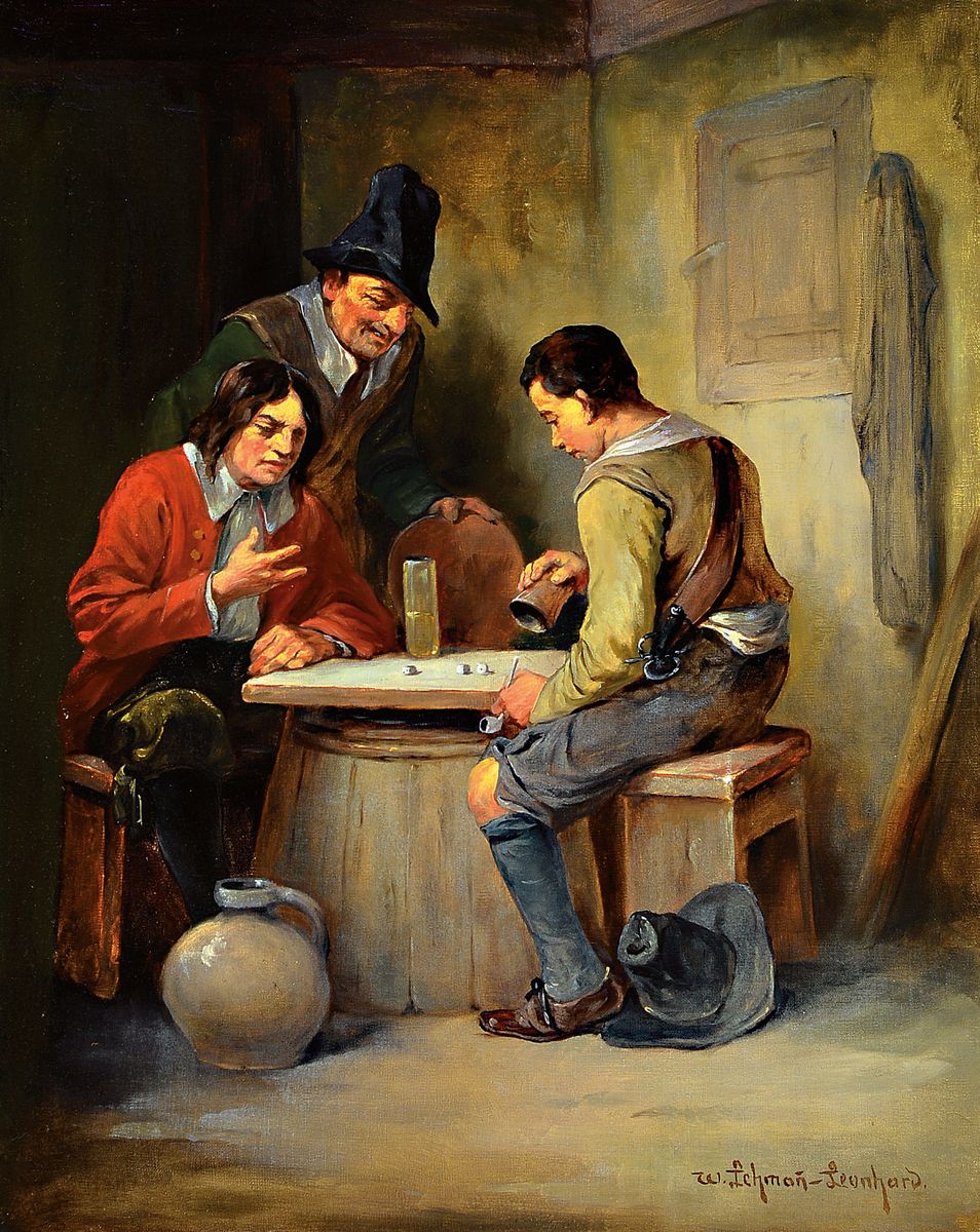 Wilhelm Lehmann-Leonhard, 1877 Dresden-1954 Ergoldsbach, Interieur mit Würfelspielern, rechts unten signiert, Öl/Lwd, 50x40 cm, Rahmen 74x62 cm; ...