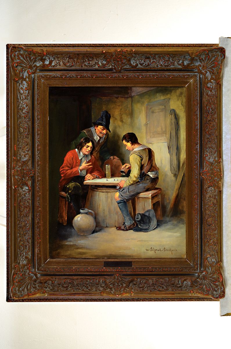 Detail k: Wilhelm Lehmann-Leonhard, 1877 Dresden-1954 Ergoldsbach, Interieur mit Würfelspielern, rechts unten signiert, Öl/Lwd, 50x40 cm, Rahmen 74x62 cm; ...