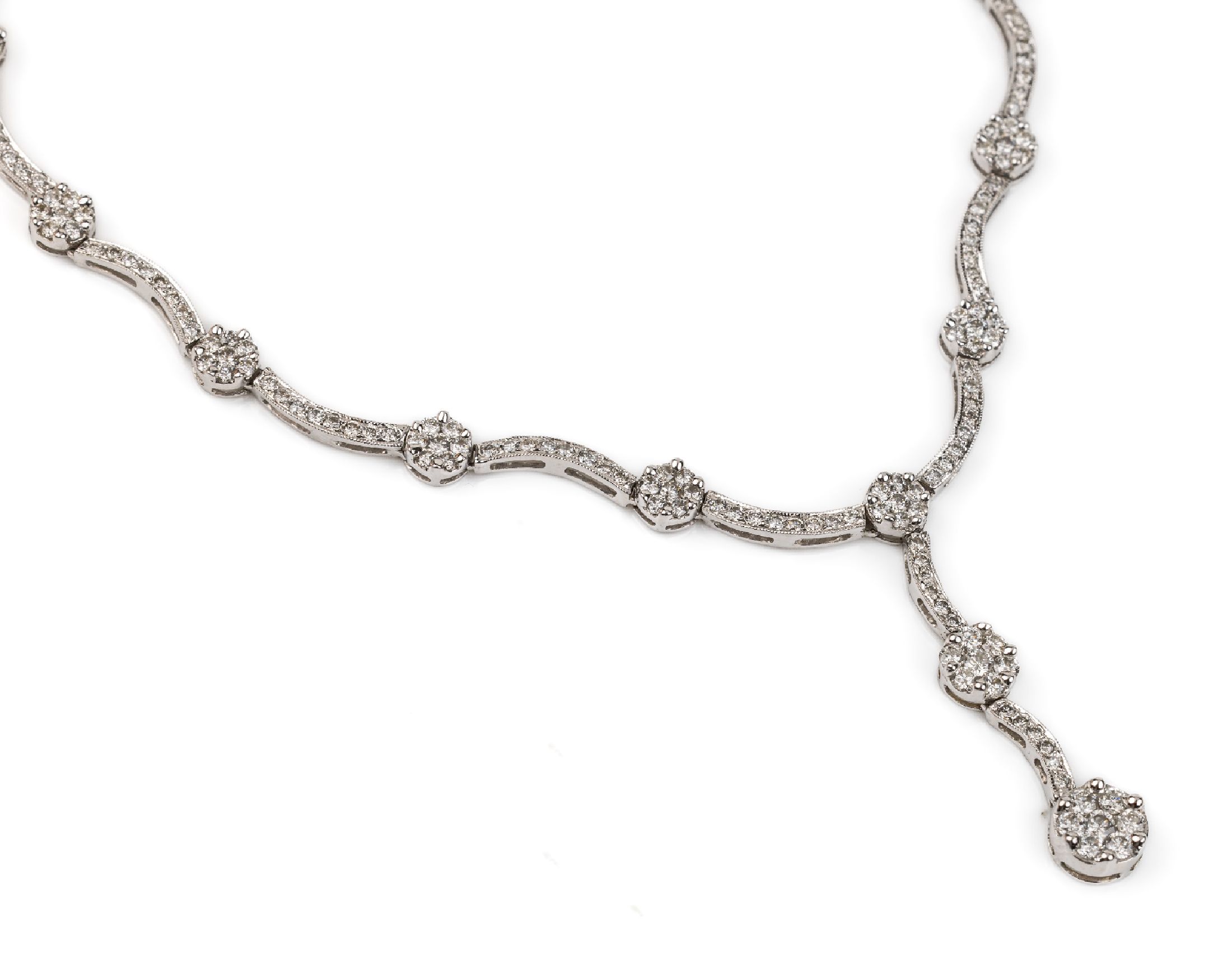 14 kt Gold Brillant-Collier, WG 585/000, Brillanten zus. ca. 2.60 ct Weiß/si, L. ca. 42cm, Kastenschloß mit Sicherheitsacht, ca. 19.56