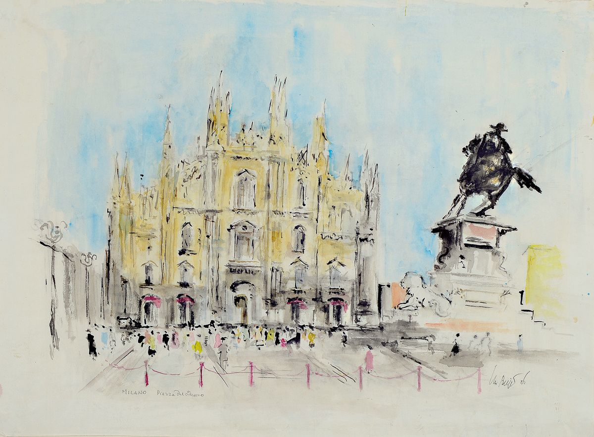 Christian Bayer, 1883-1967, Aquarell, "Milano, Piazza del Duomo", 1956, signiert und datiert, Blatt 42x55 cm, unter Glas gerahmt 53x62 cm