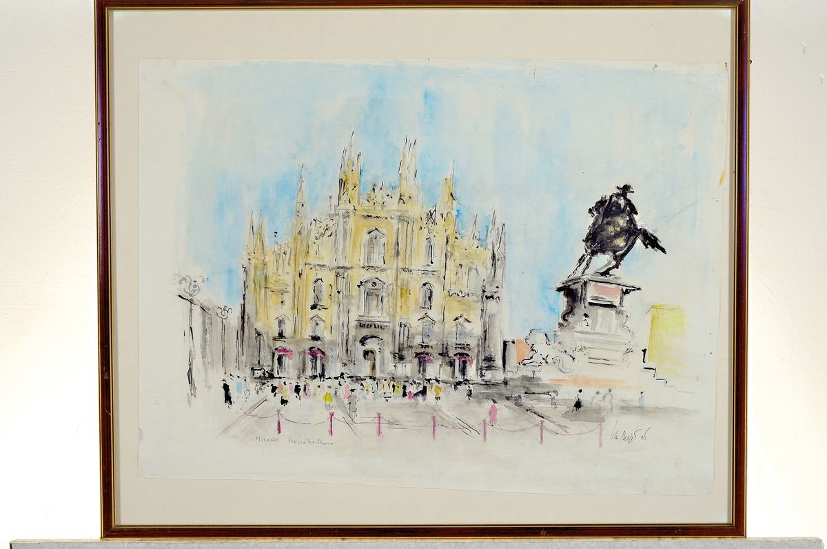 Detail k: Christian Bayer, 1883-1967, Aquarell, "Milano, Piazza del Duomo", 1956, signiert und datiert, Blatt 42x55 cm, unter Glas gerahmt 53x62 cm