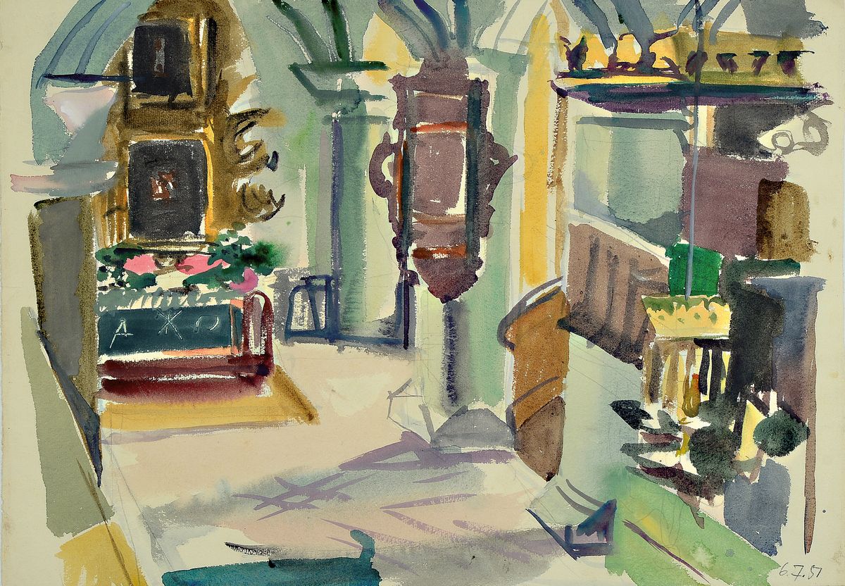 Erich Hartmann, 1886 - 1974, Kircheninterieur, Aquarell auf Ingres-Papier mit Wasserzeichen, auf der Rückseite Stempel "Stempel Nachlass ERICH ...