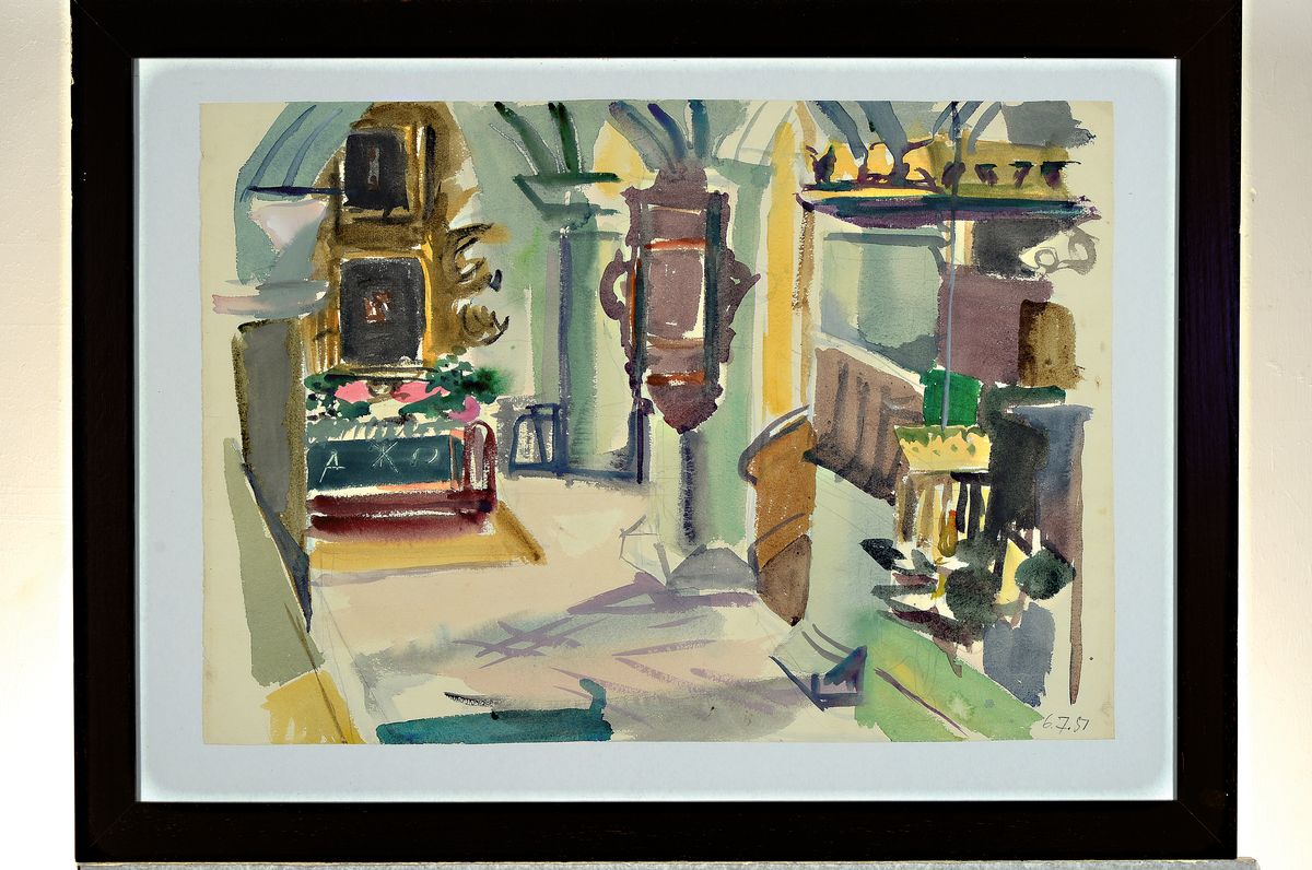 Detail k: Erich Hartmann, 1886 - 1974, Kircheninterieur, Aquarell auf Ingres-Papier mit Wasserzeichen, auf der Rückseite Stempel "Stempel Nachlass ERICH ...