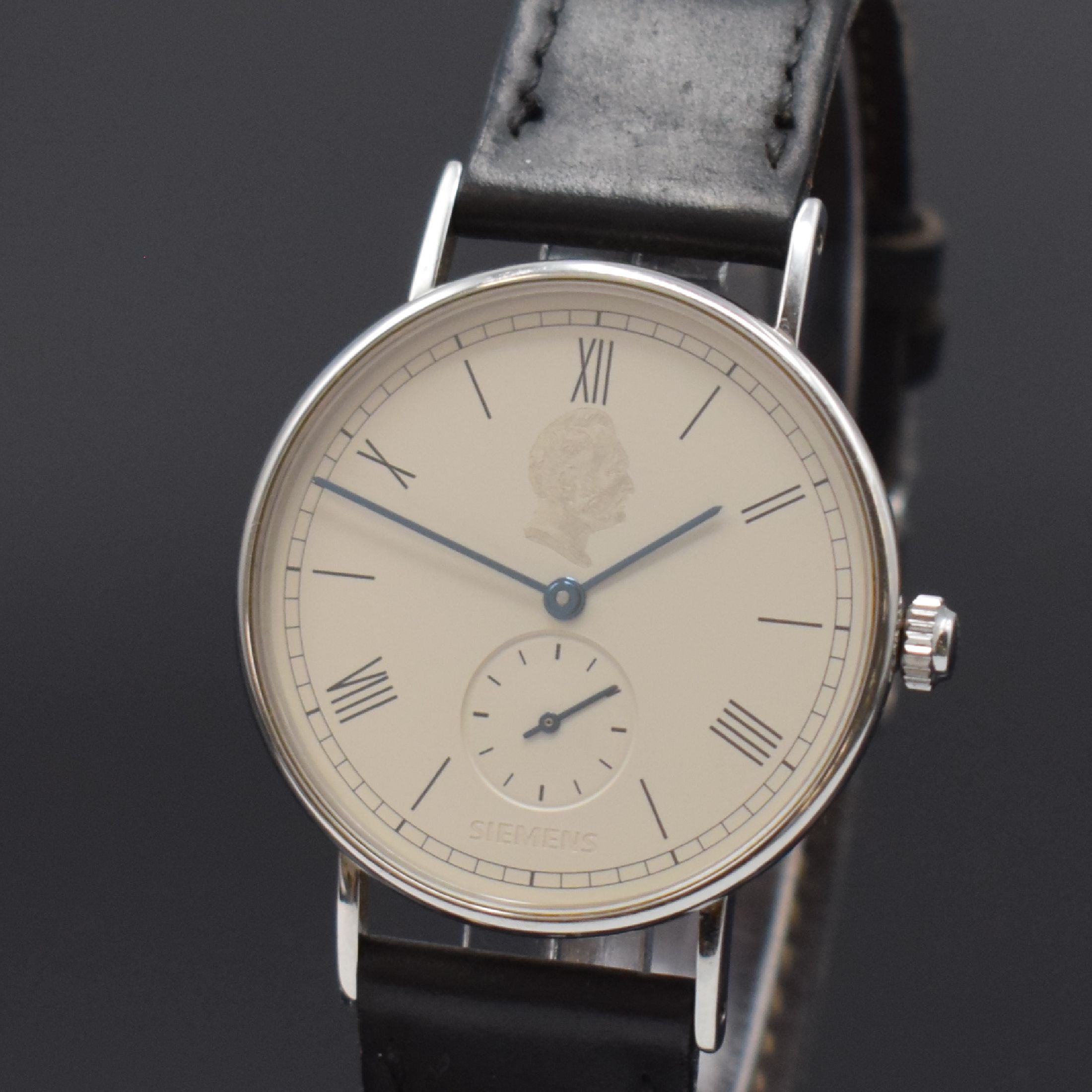 Detail a: NOMOS Herrenarmbanduhr Modell Ludwig für Siemens, Schweiz um 2002, Handaufzug, Edelstahlgeh. inkl. orig. Lederband m. Dornschl., Boden mit Widmung ...