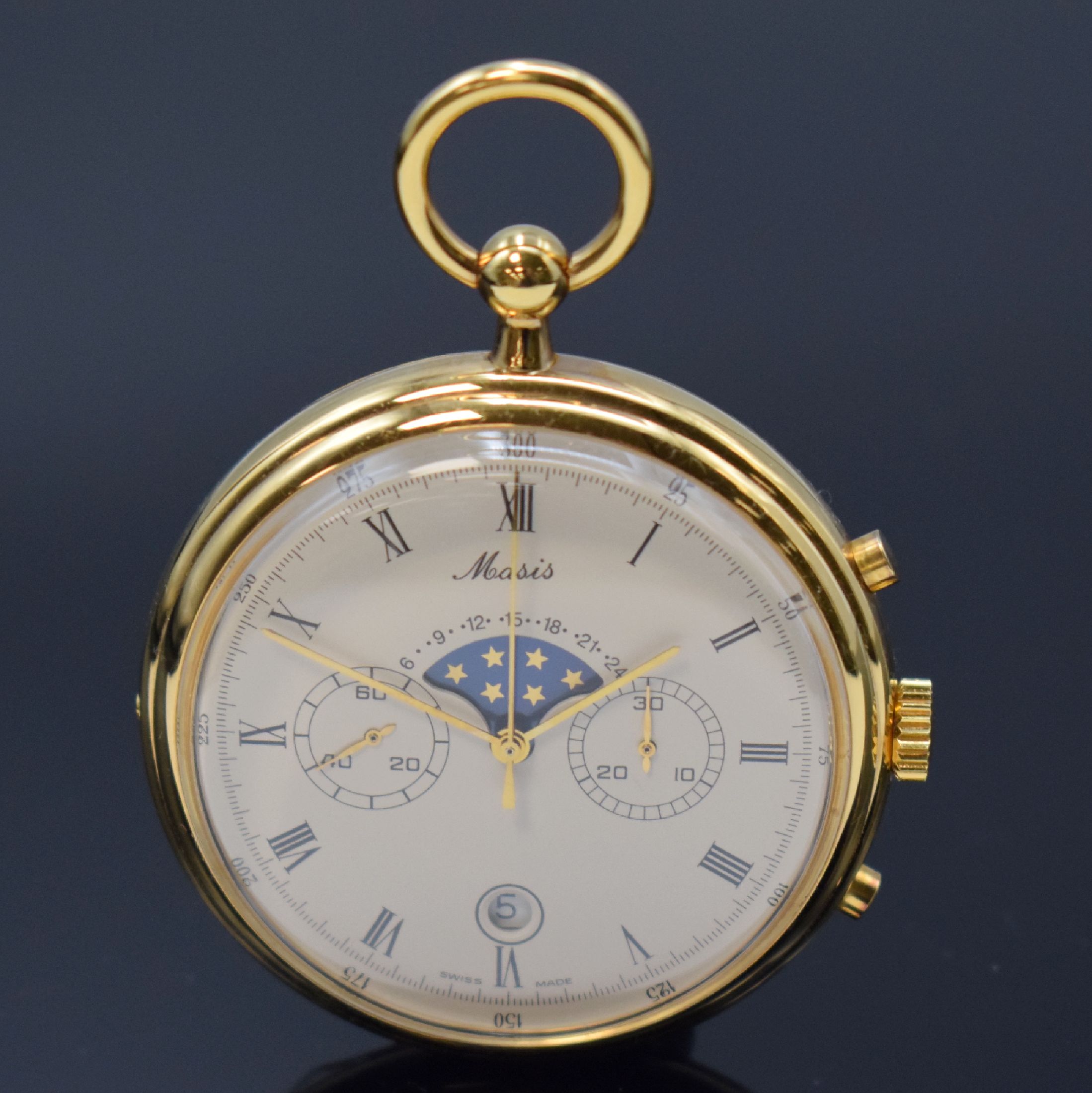MASIS ungetragene Herrentaschenuhr mit Chronograph, Mondphase und Datum Kaliber Valjoux 7733, Schweiz um 1970, Handaufzug, verg. 3-teil. Gehäuse, ...