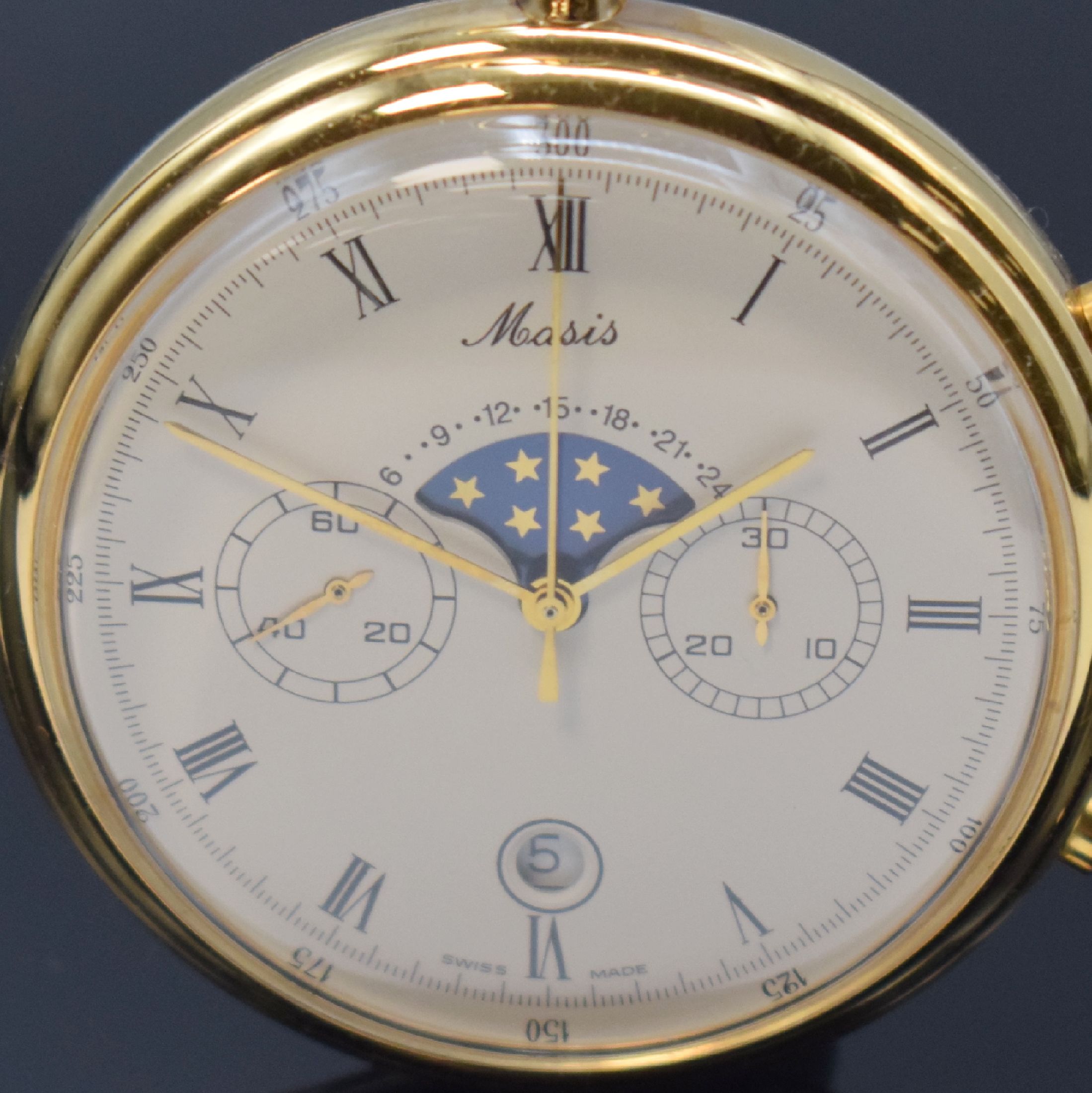 Detail a: MASIS ungetragene Herrentaschenuhr mit Chronograph, Mondphase und Datum Kaliber Valjoux 7733, Schweiz um 1970, Handaufzug, verg. 3-teil. Gehäuse, ...