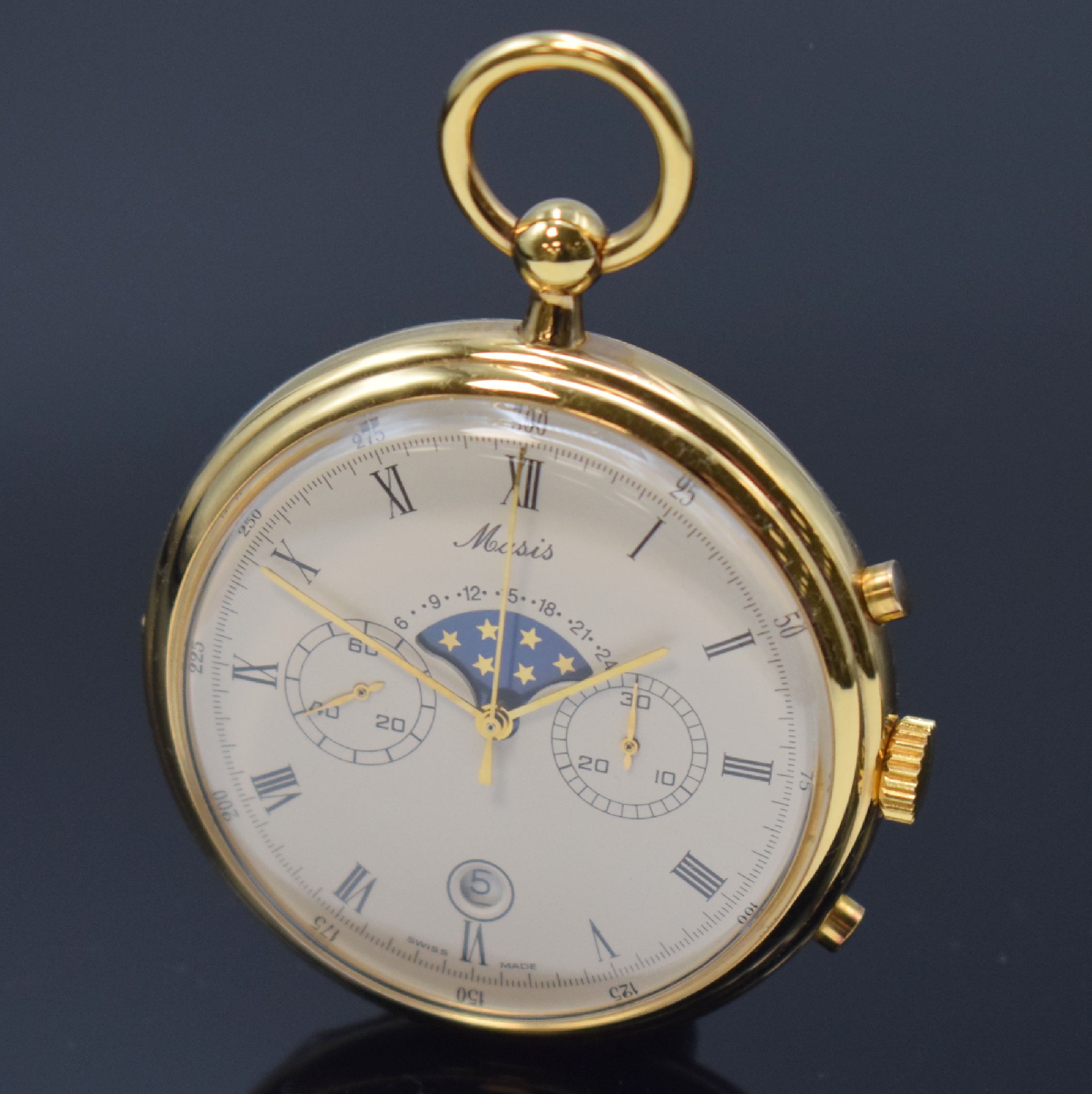Detail b: MASIS ungetragene Herrentaschenuhr mit Chronograph, Mondphase und Datum Kaliber Valjoux 7733, Schweiz um 1970, Handaufzug, verg. 3-teil. Gehäuse, ...