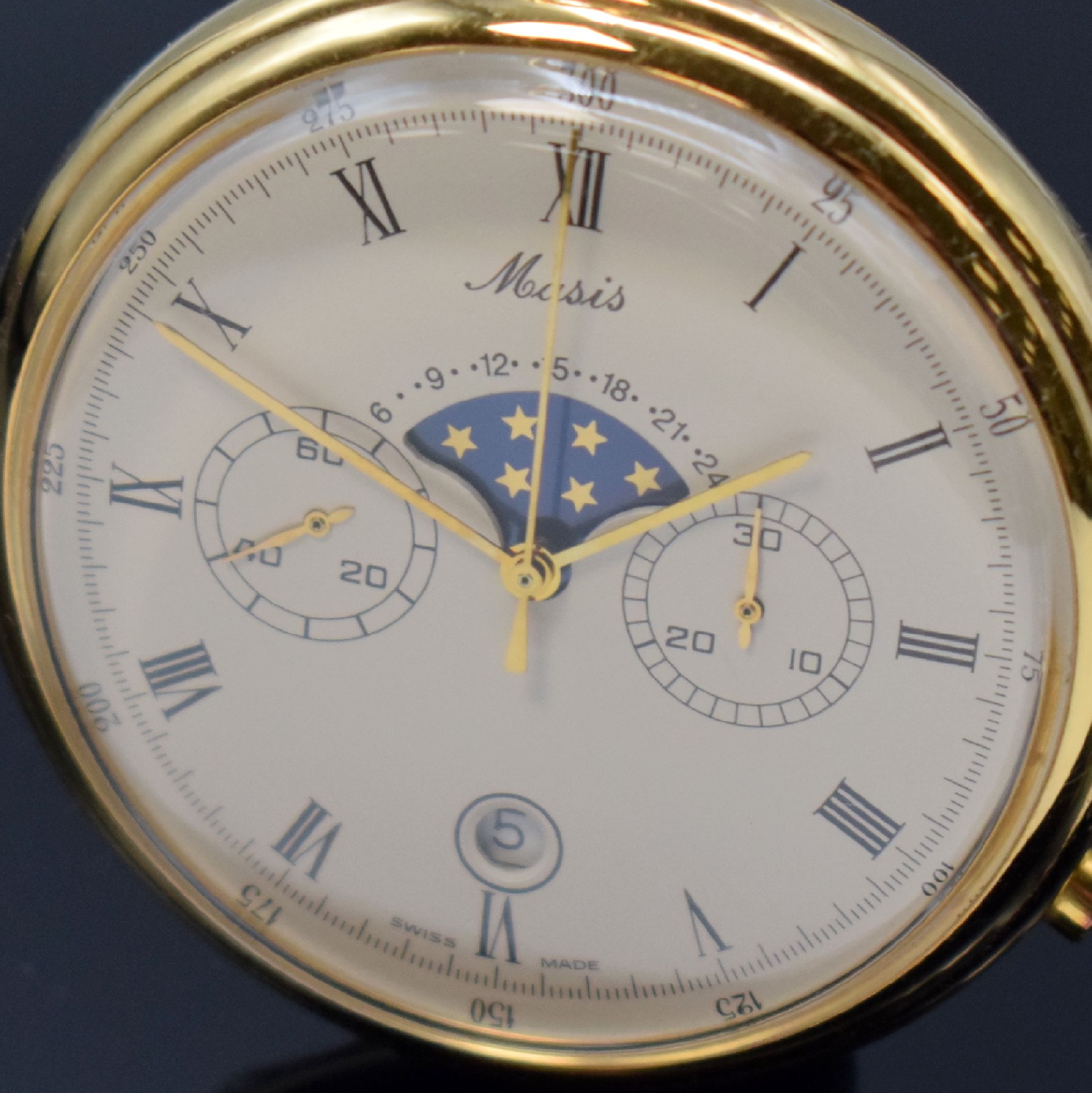 Detail c: MASIS ungetragene Herrentaschenuhr mit Chronograph, Mondphase und Datum Kaliber Valjoux 7733, Schweiz um 1970, Handaufzug, verg. 3-teil. Gehäuse, ...