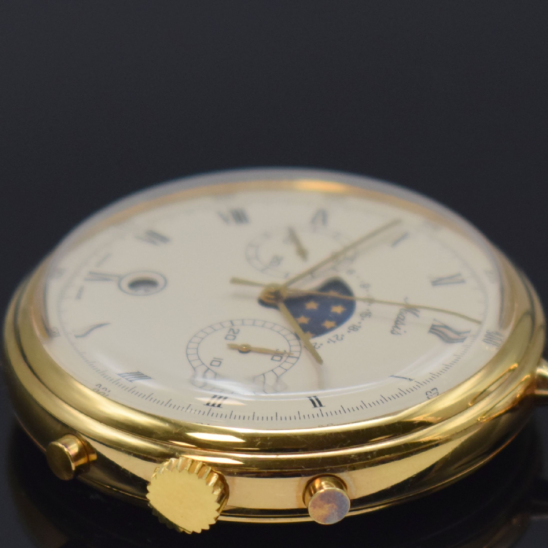 Detail e: MASIS ungetragene Herrentaschenuhr mit Chronograph, Mondphase und Datum Kaliber Valjoux 7733, Schweiz um 1970, Handaufzug, verg. 3-teil. Gehäuse, ...