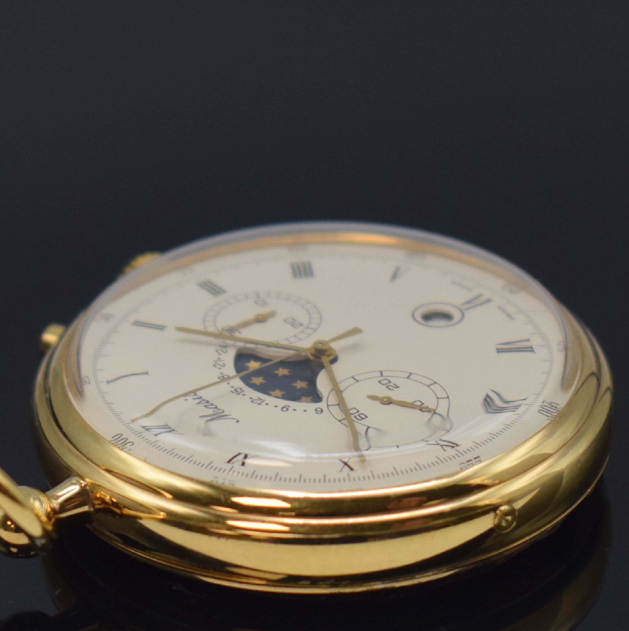 Detail f: MASIS ungetragene Herrentaschenuhr mit Chronograph, Mondphase und Datum Kaliber Valjoux 7733, Schweiz um 1970, Handaufzug, verg. 3-teil. Gehäuse, ...