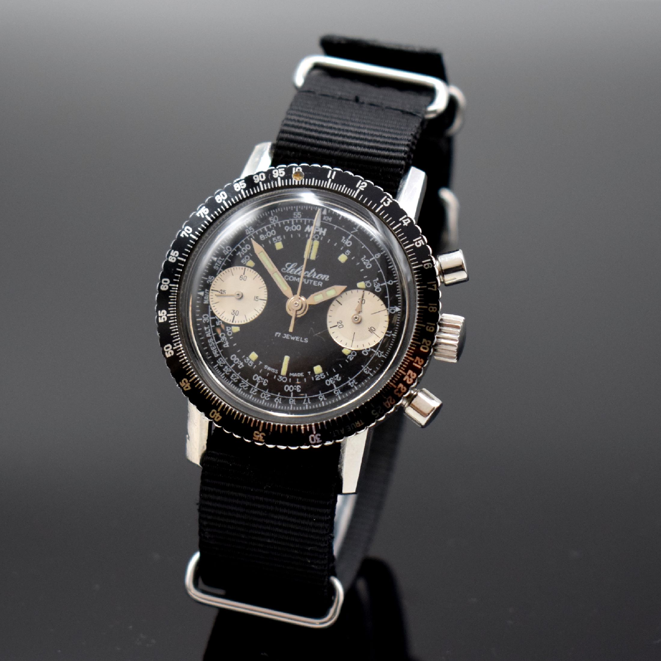 OLLECH & WAJS Selectron Computer seltene Herrenarmbanduhr mit Chronograph 38 mm in Stahl, Schweiz um 1968, Handaufzug, 2-teil. Gehäuse, sign. Boden ...