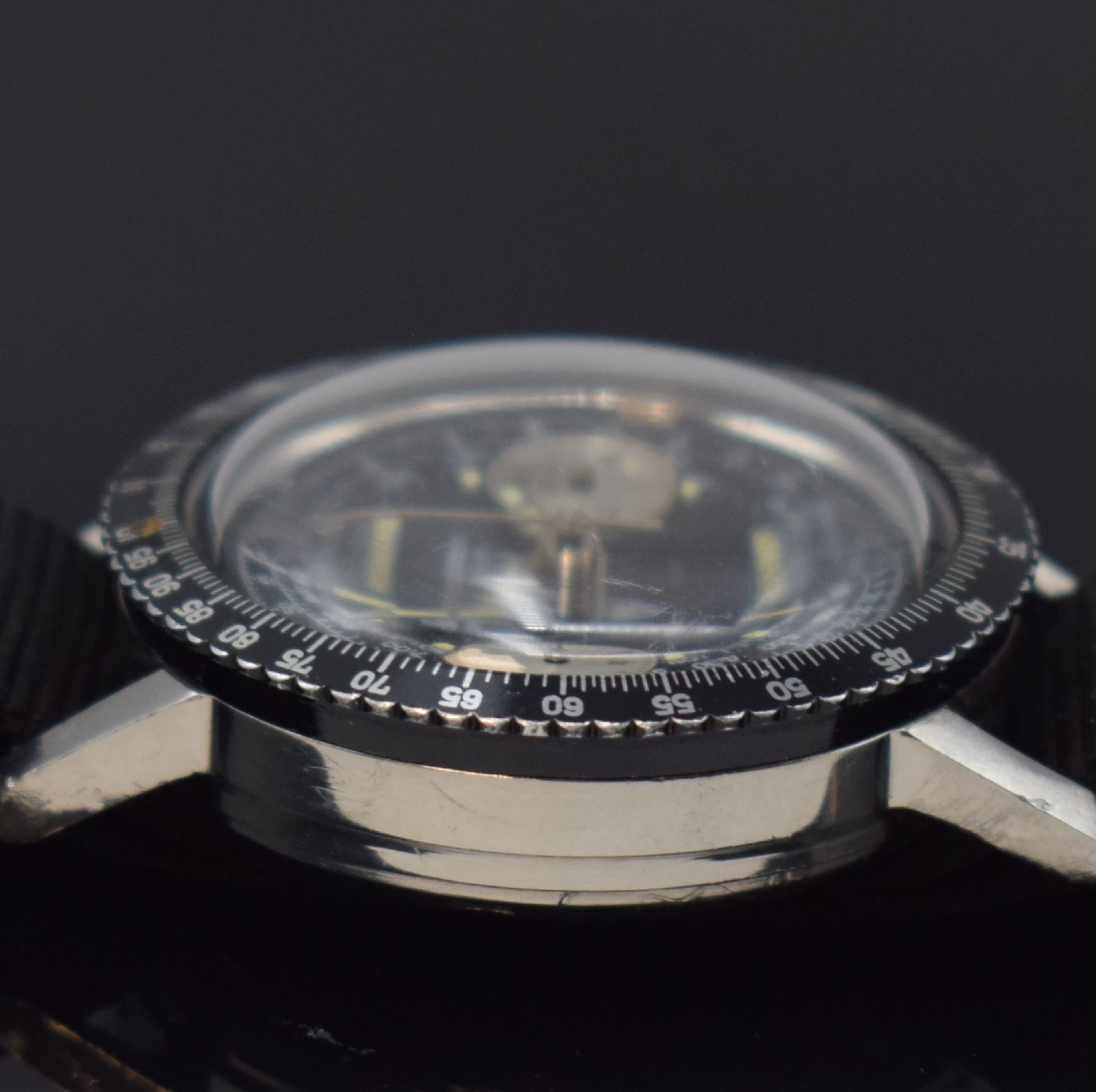 Detail c: OLLECH & WAJS Selectron Computer seltene Herrenarmbanduhr mit Chronograph 38 mm in Stahl, Schweiz um 1968, Handaufzug, 2-teil. Gehäuse, sign. Boden ...