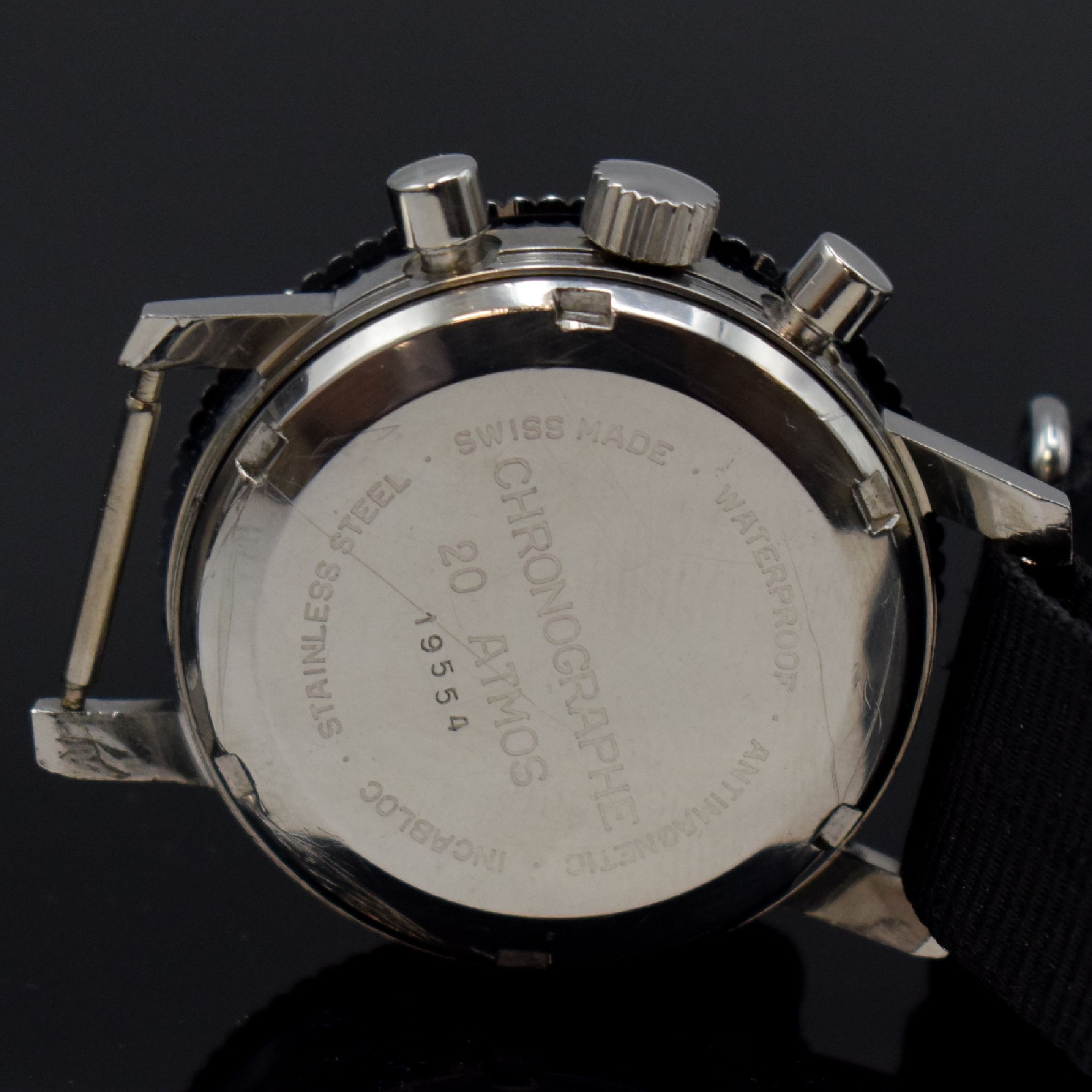 Detail d: OLLECH & WAJS Selectron Computer seltene Herrenarmbanduhr mit Chronograph 38 mm in Stahl, Schweiz um 1968, Handaufzug, 2-teil. Gehäuse, sign. Boden ...