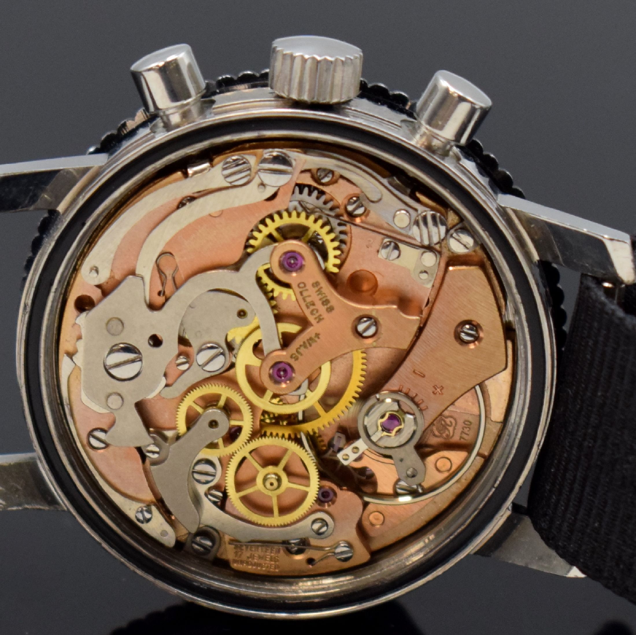 Detail e: OLLECH & WAJS Selectron Computer seltene Herrenarmbanduhr mit Chronograph 38 mm in Stahl, Schweiz um 1968, Handaufzug, 2-teil. Gehäuse, sign. Boden ...