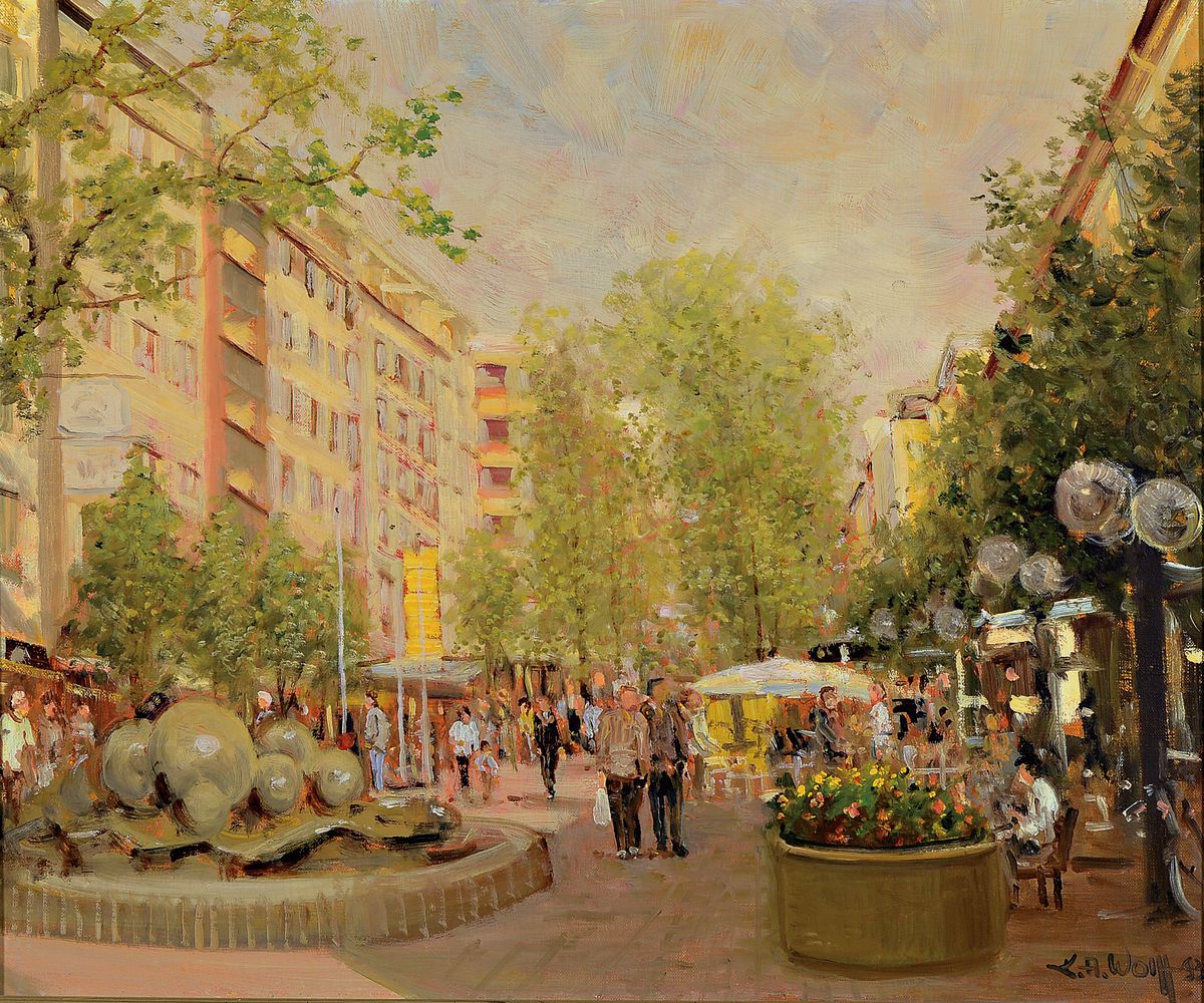 Karl August Wolff, geb. 1938 Ludwigshafen am Rhein, Blick entlang der Bismarckstraße in Ludwigshafen, belebtes Treiben mit reicher Figurenstaffage, ...