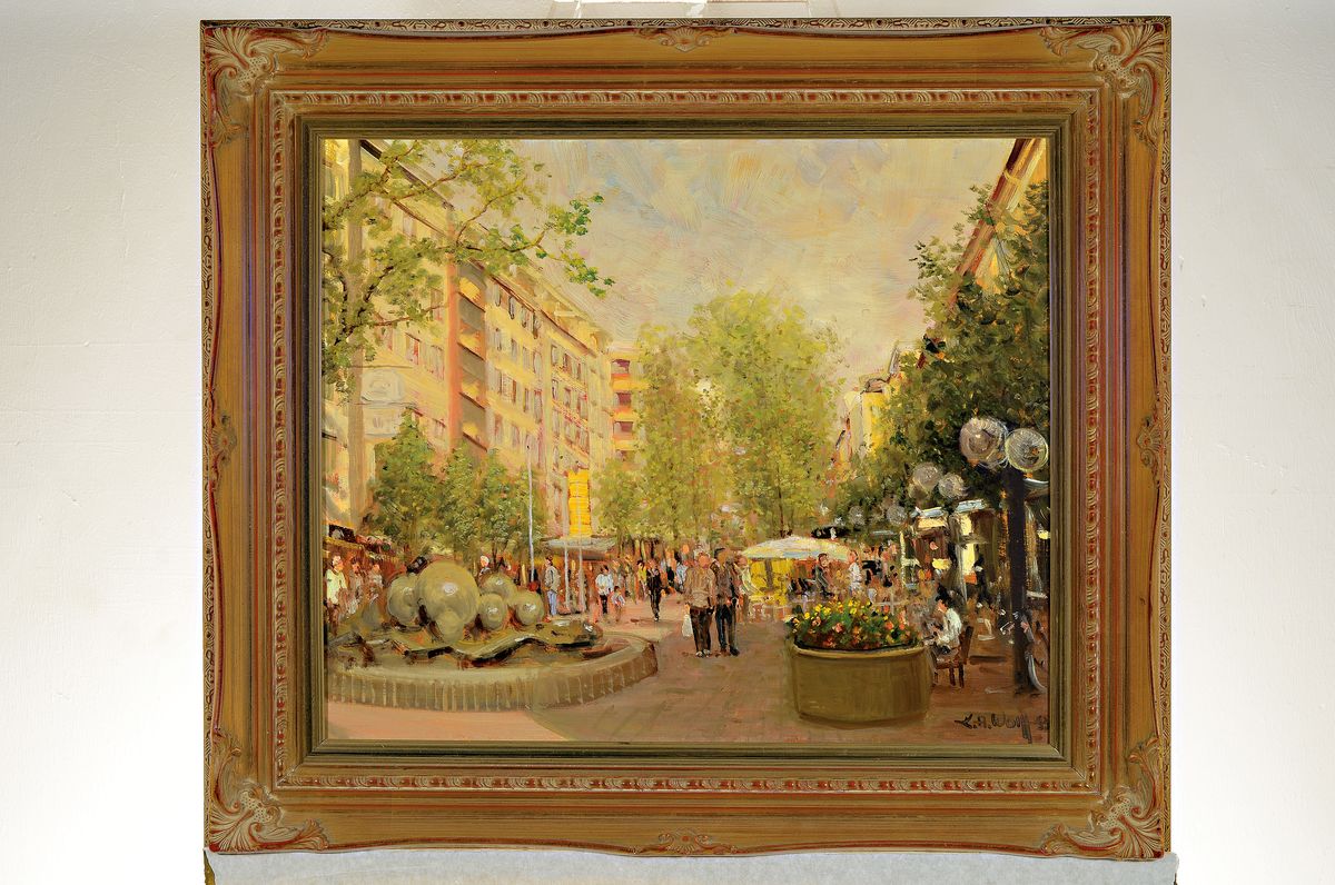 Detail k: Karl August Wolff, geb. 1938 Ludwigshafen am Rhein, Blick entlang der Bismarckstraße in Ludwigshafen, belebtes Treiben mit reicher Figurenstaffage, ...