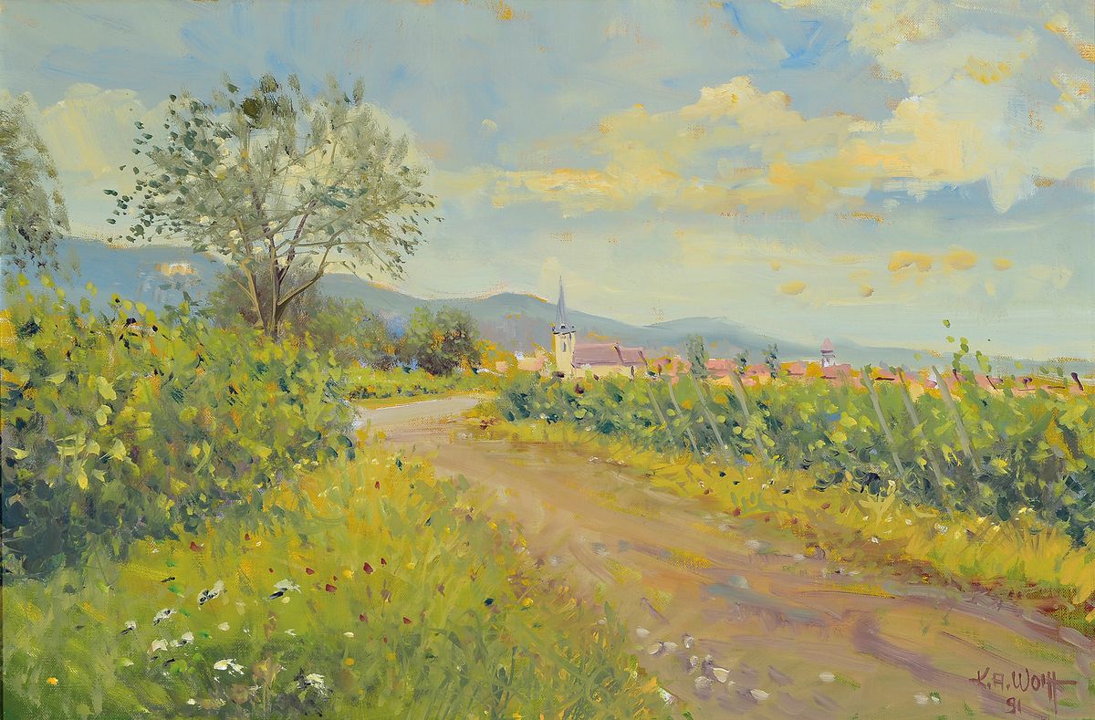 Karl August Wolff, geb. 1938 Ludwigshafen am Rhein, "Blick auf Maikammer" so verso bez., rechts unten signiert und datiert 1991, Öl/Lwd, ...
