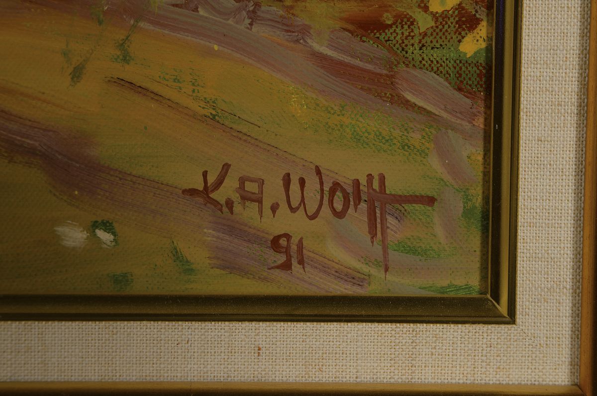 Detail a: Karl August Wolff, geb. 1938 Ludwigshafen am Rhein, "Blick auf Maikammer" so verso bez., rechts unten signiert und datiert 1991, Öl/Lwd, ...