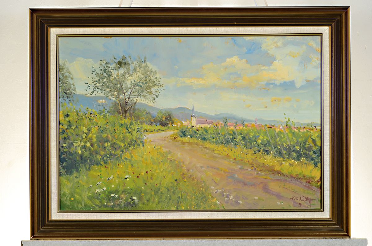Detail k: Karl August Wolff, geb. 1938 Ludwigshafen am Rhein, "Blick auf Maikammer" so verso bez., rechts unten signiert und datiert 1991, Öl/Lwd, ...