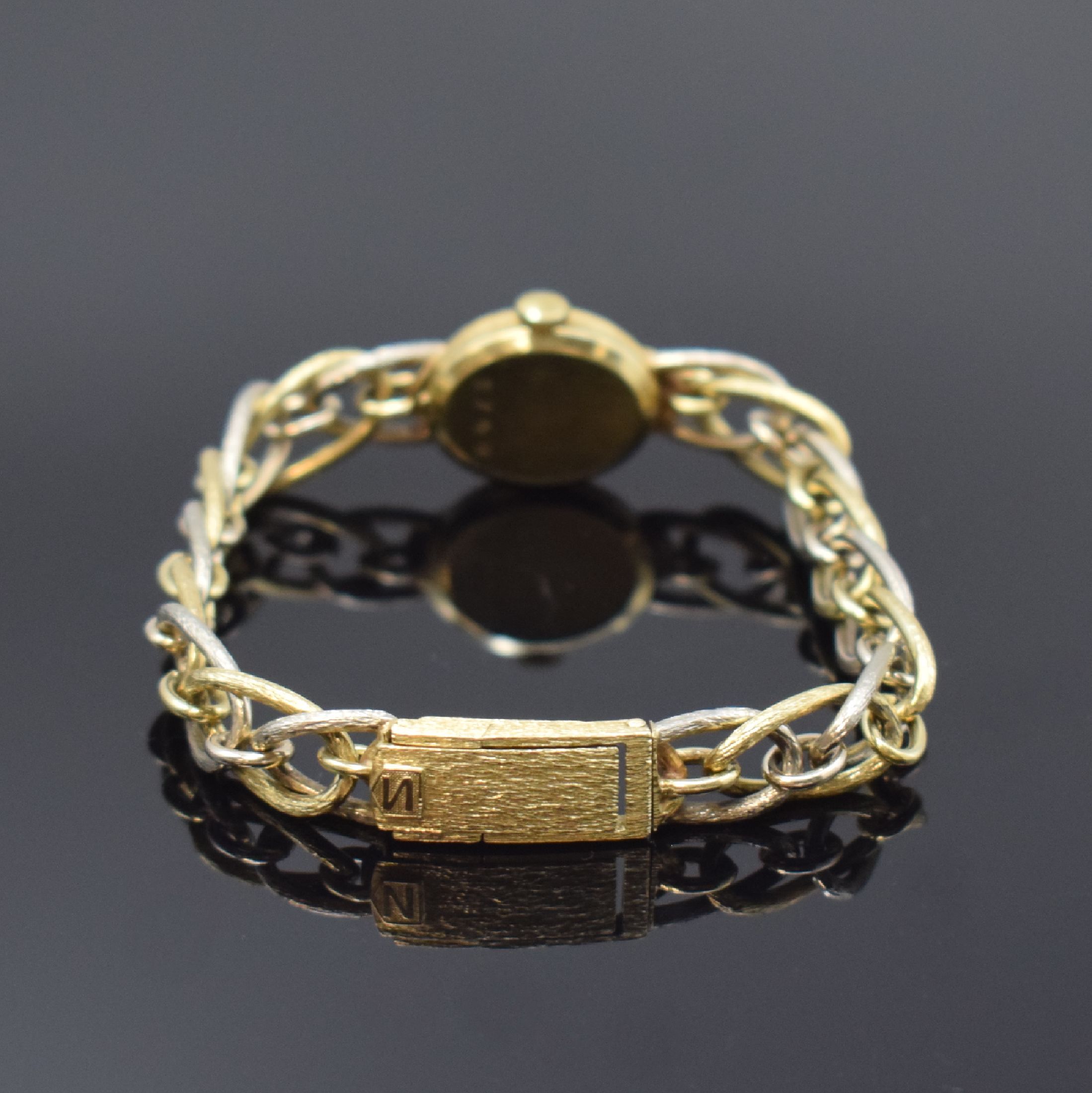 Detail b: SARCAR Geneve Damenarmbanduhr in GG und WG 585/000 mit ausgefallenem Gliederband, Schweiz um 1970, Handaufzug, 2-teil. Gehäuse, Boden gedr., silb. ...