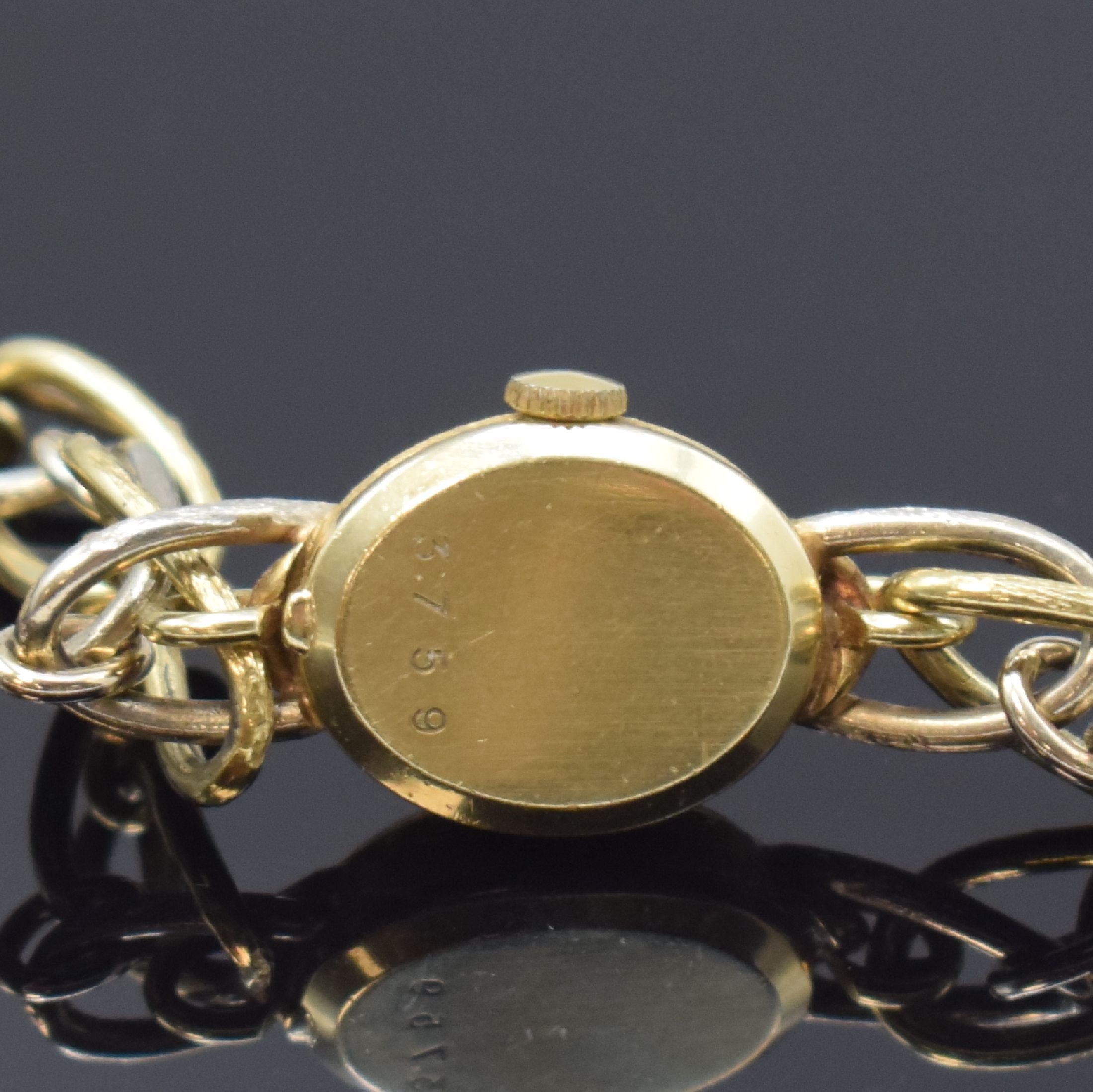 Detail d: SARCAR Geneve Damenarmbanduhr in GG und WG 585/000 mit ausgefallenem Gliederband, Schweiz um 1970, Handaufzug, 2-teil. Gehäuse, Boden gedr., silb. ...