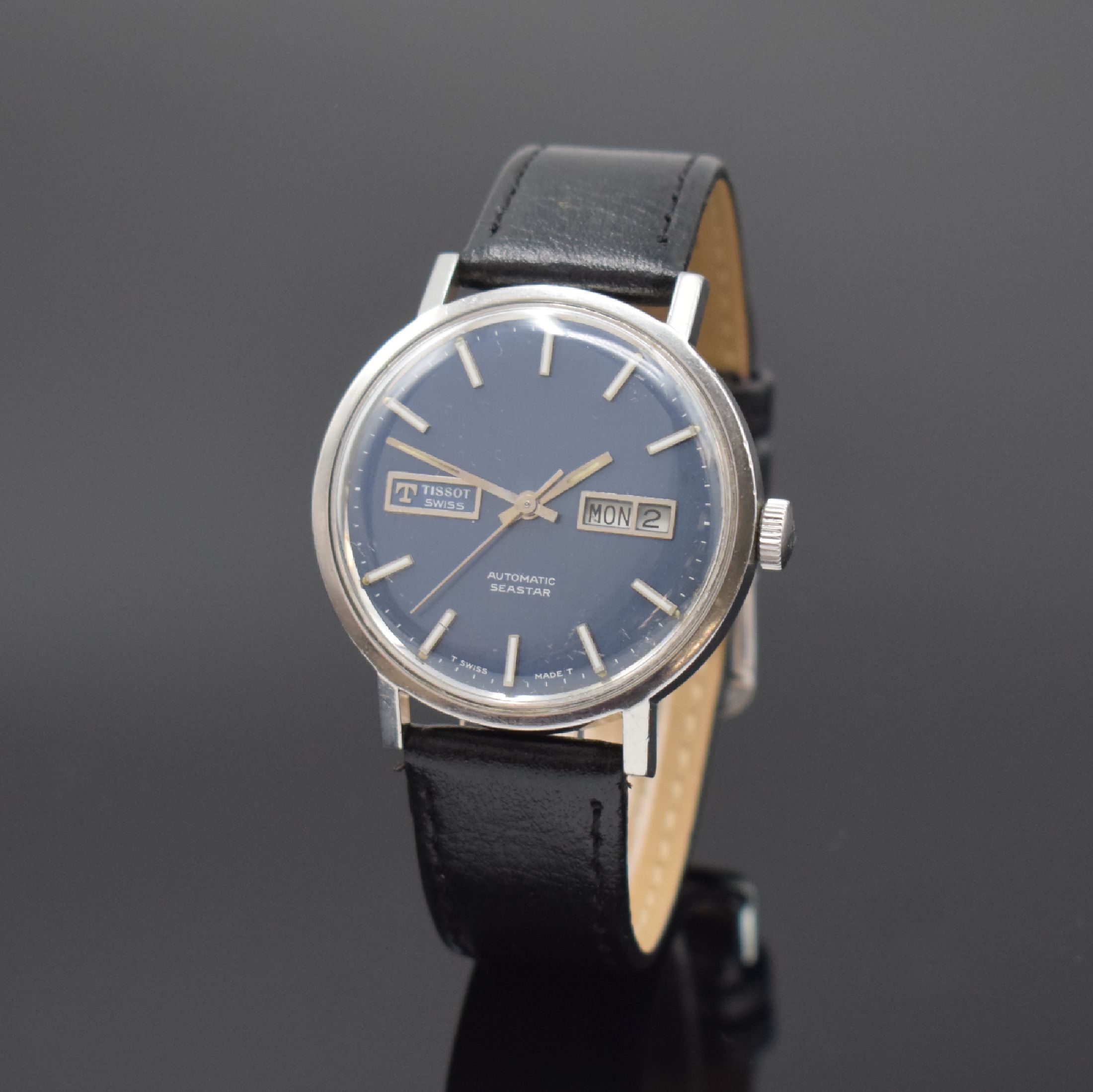 TISSOT Herrenarmbanduhr Seastar, Schweiz um 1970, Automatik, Edelstahlgeh., Boden verschr., blaues Zifferbl. m. aufgel. Leuchtind., Anz. v. Std., ...