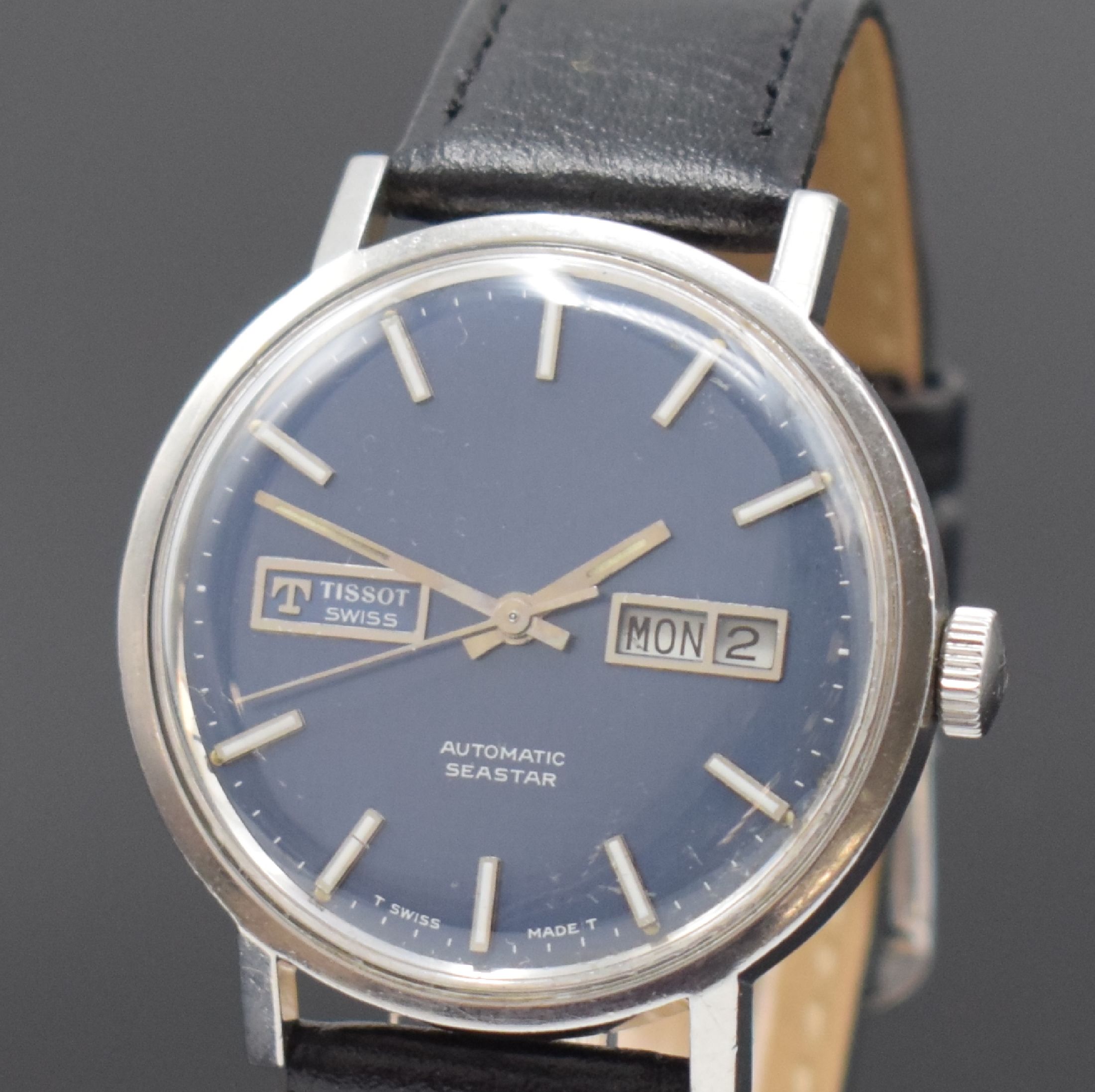 Detail a: TISSOT Herrenarmbanduhr Seastar, Schweiz um 1970, Automatik, Edelstahlgeh., Boden verschr., blaues Zifferbl. m. aufgel. Leuchtind., Anz. v. Std., ...