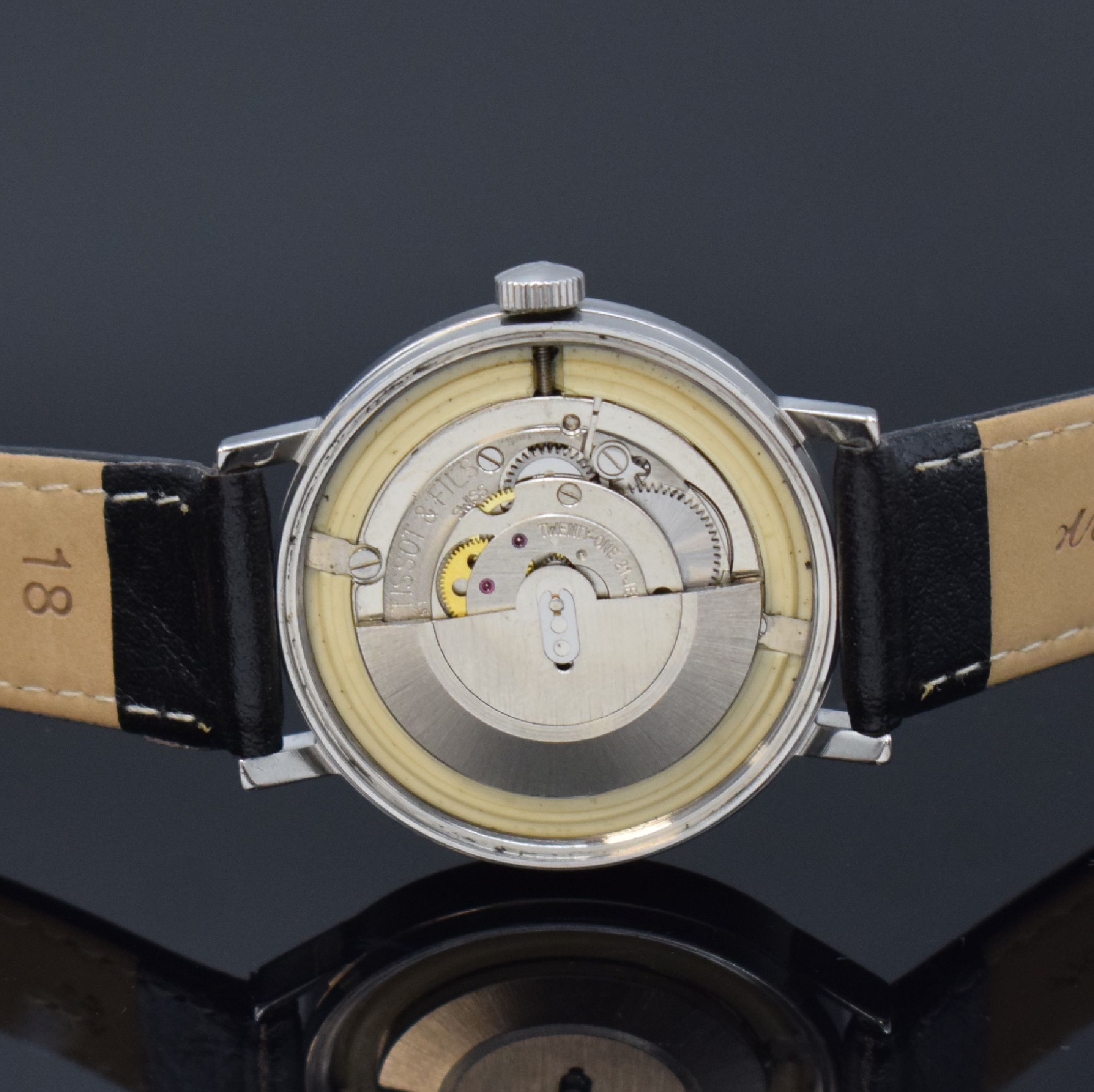 Detail d: TISSOT Herrenarmbanduhr Seastar, Schweiz um 1970, Automatik, Edelstahlgeh., Boden verschr., blaues Zifferbl. m. aufgel. Leuchtind., Anz. v. Std., ...
