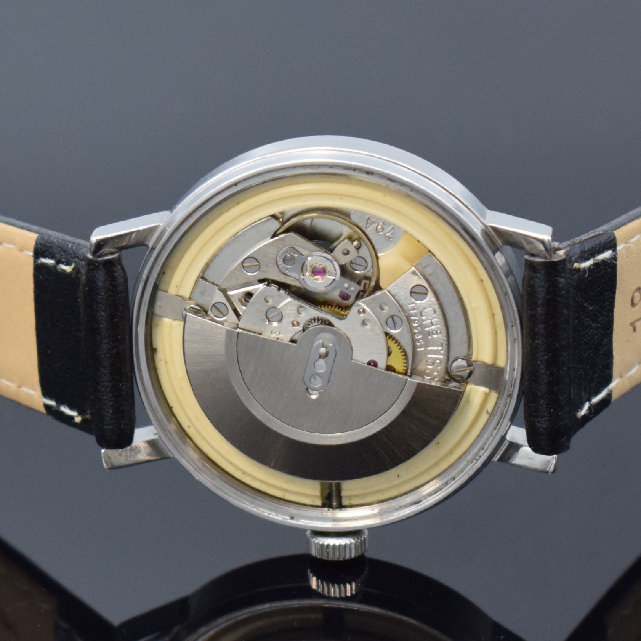 Detail e: TISSOT Herrenarmbanduhr Seastar, Schweiz um 1970, Automatik, Edelstahlgeh., Boden verschr., blaues Zifferbl. m. aufgel. Leuchtind., Anz. v. Std., ...