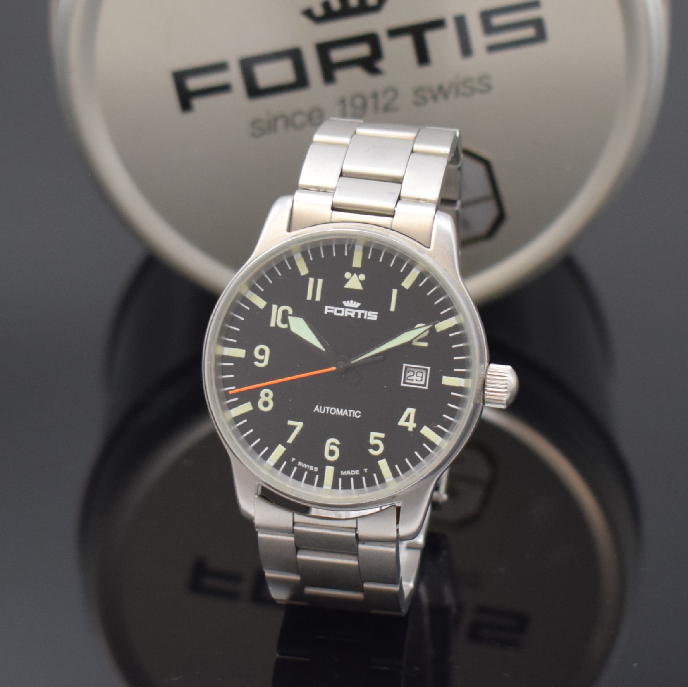 FORTIS Flieger-Herrenarmbanduhr Referenz 595.10.46, Schweiz verk. lt. beil. Pap. 05/1998, Automatik, matt. Edelstahlgeh. inkl. orig. Gliederband m. ...