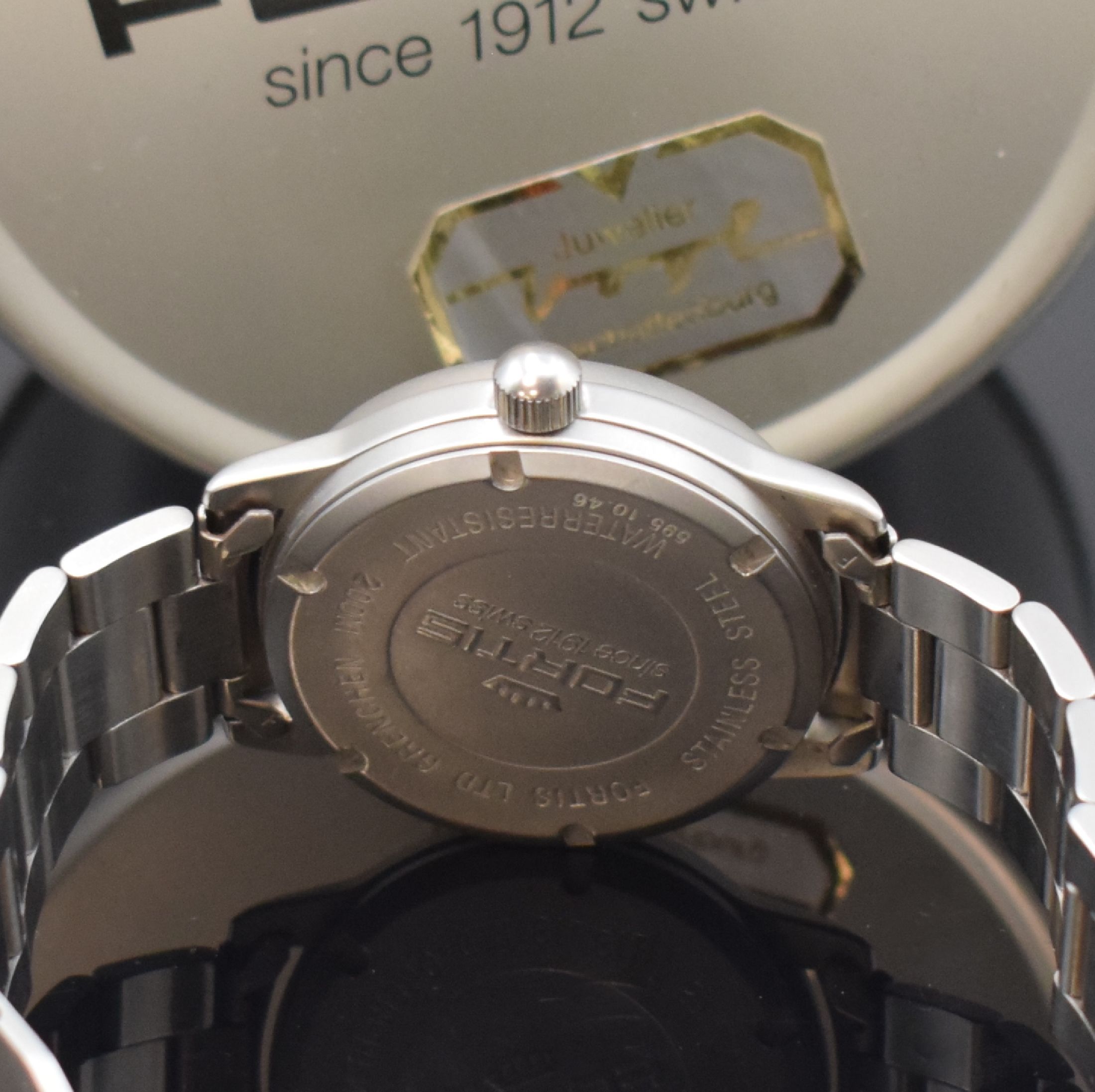 Detail d: FORTIS Flieger-Herrenarmbanduhr Referenz 595.10.46, Schweiz verk. lt. beil. Pap. 05/1998, Automatik, matt. Edelstahlgeh. inkl. orig. Gliederband m. ...