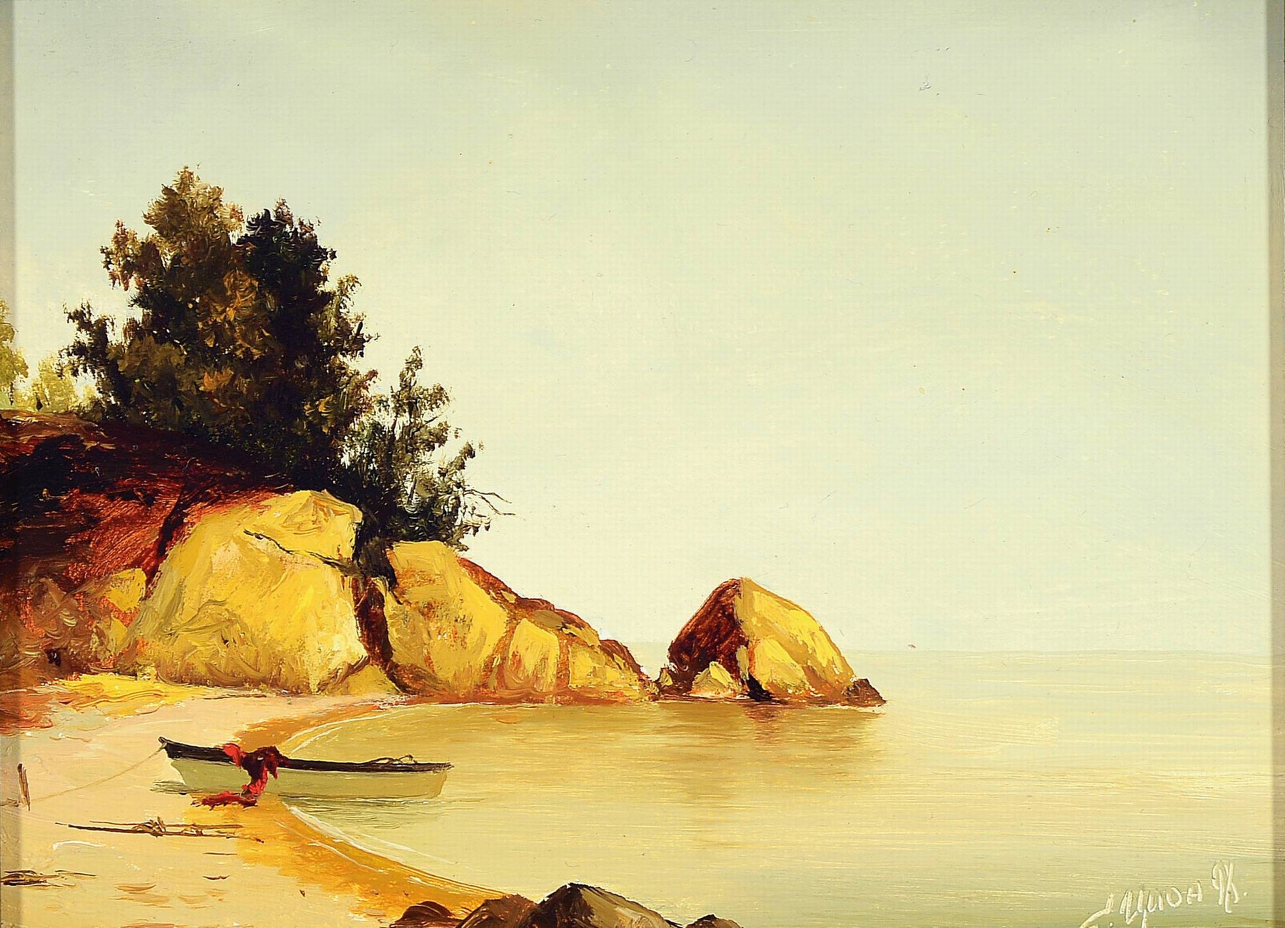 Serguei Tzyon, 1962 Republik Mari El-2012, Küstenausschnitt mit angelandetem Boot, Öl/Platte, signiert und datiert 1998, 15x20 cm, Rahmen, 25x31 cm