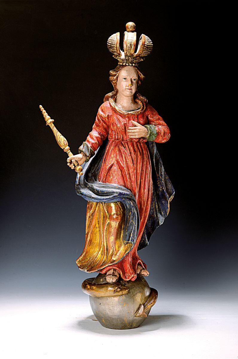Madonna "Immaculata", wohl süddeutsch, 18. Jh., Holz geschnitzt, gekrönte, Mutter Gottes mit Zepter, auf, Weltkugel und Schlange ...
