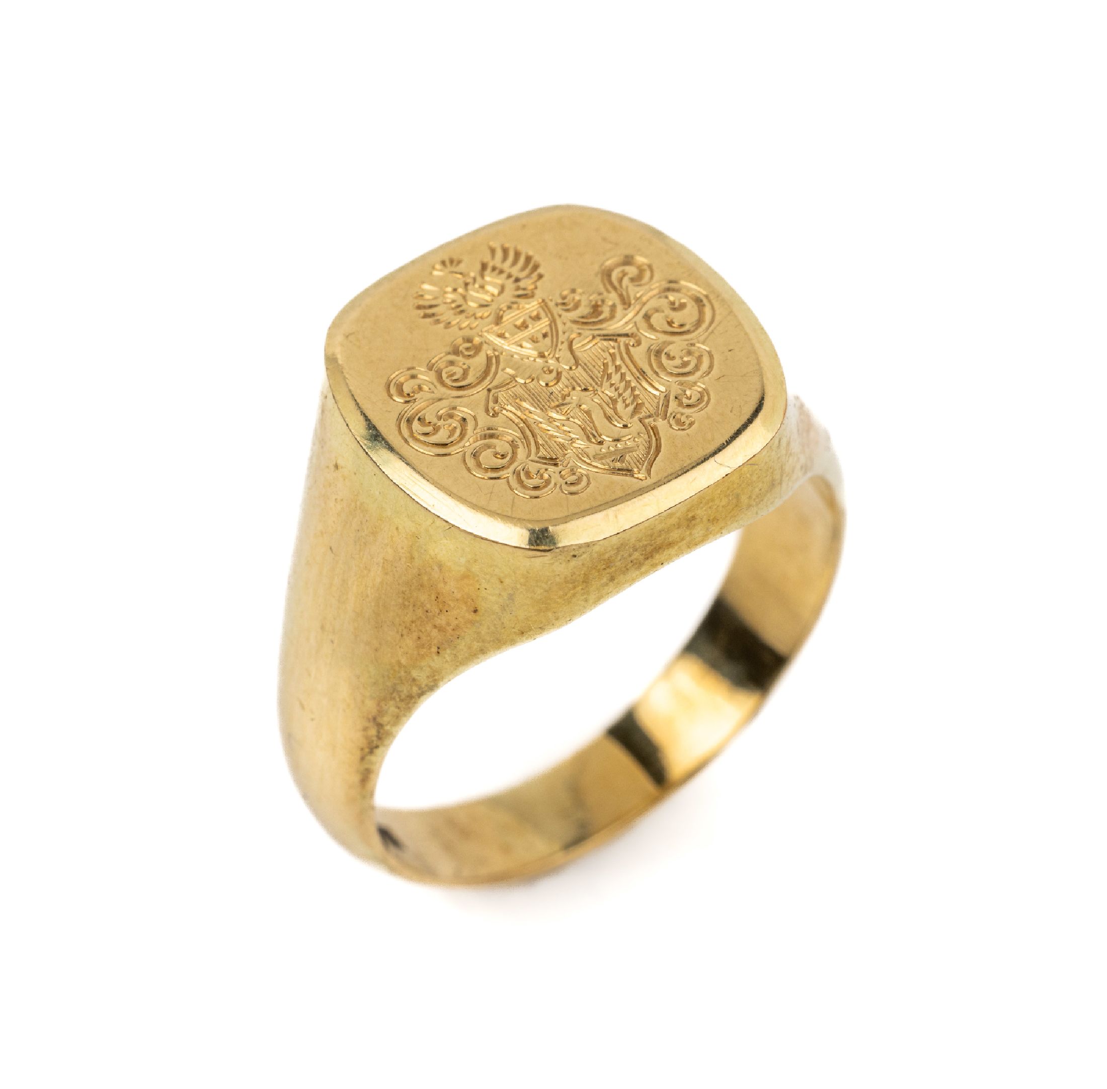 14 kt Gold Siegelring, GG 585/000, Gravurplatte mit Familienwappen, RW 59, ca. 7.8 g