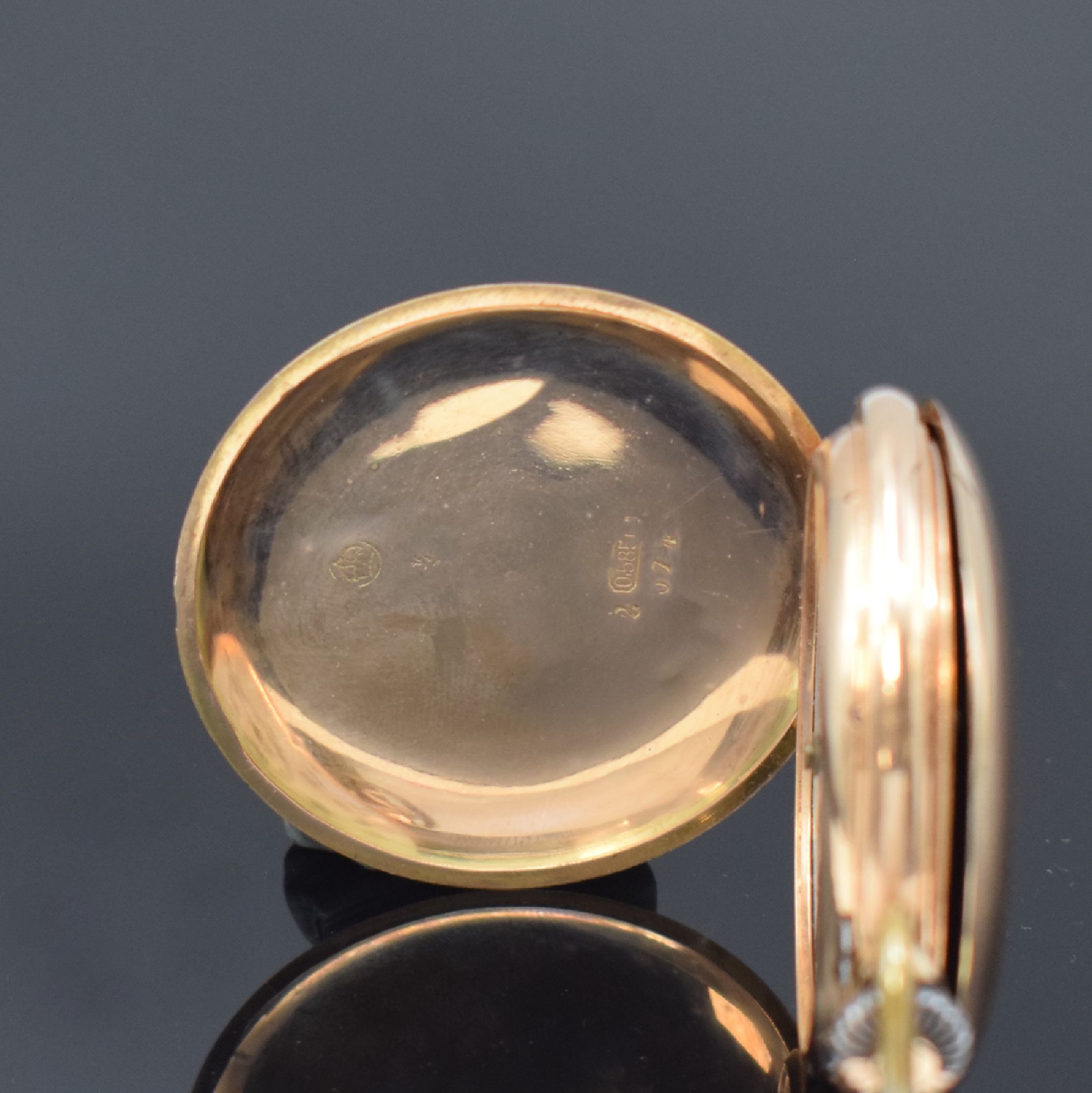 Detail a: SYSTEME GLASHÜTTE Savonette in RG 585/000, Schweiz um 1900, 2-Deckel Goldgehäuse, Emailzifferbl. m. arab. Zahlen, goldene Birnenzeiger, verg. Werk, ...