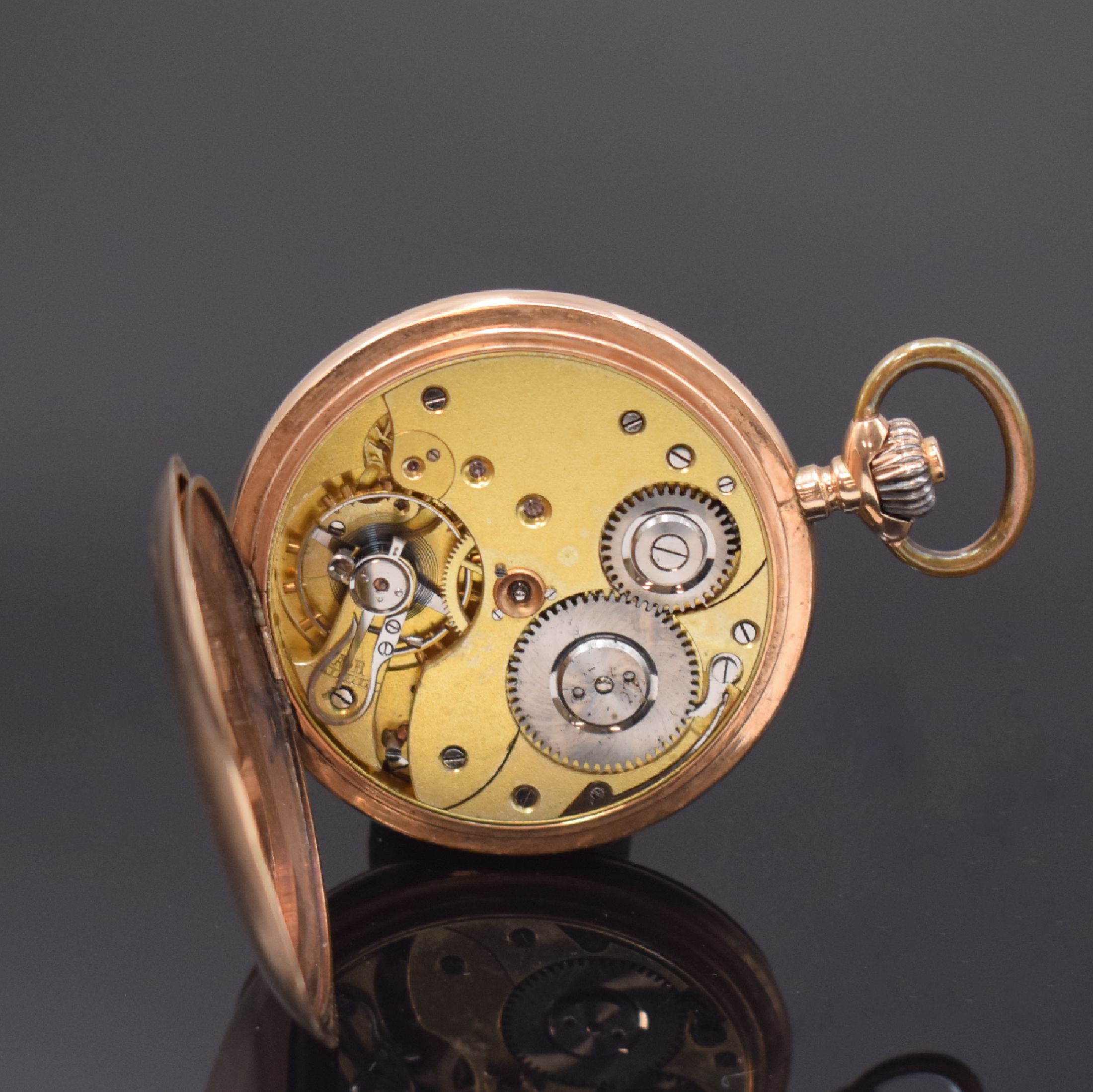 Detail f: SYSTEME GLASHÜTTE Savonette in RG 585/000, Schweiz um 1900, 2-Deckel Goldgehäuse, Emailzifferbl. m. arab. Zahlen, goldene Birnenzeiger, verg. Werk, ...