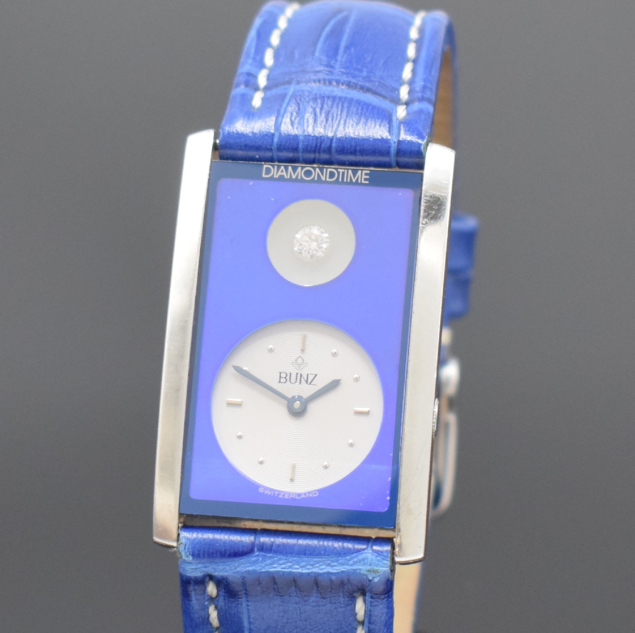 Detail a: BUNZ ausgefallene Armbanduhr DIAMONDTIME, Schweiz um 2005, quarz, Edelstahl inkl. Lederband m. Dornschl., Boden 4-fach verschr., über 12 ein ...