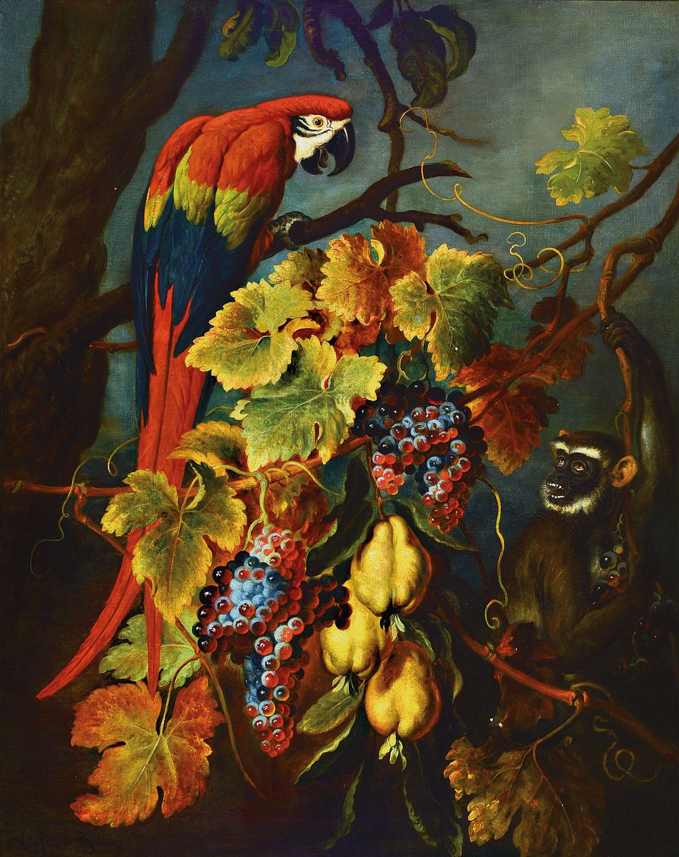 Ludwig Adam Kunz, 1857 Wien-1929 München, Früchtestillleben mit Weinreben und Quitten, belebt durch einen Affen und einen Papagei, links unten ...