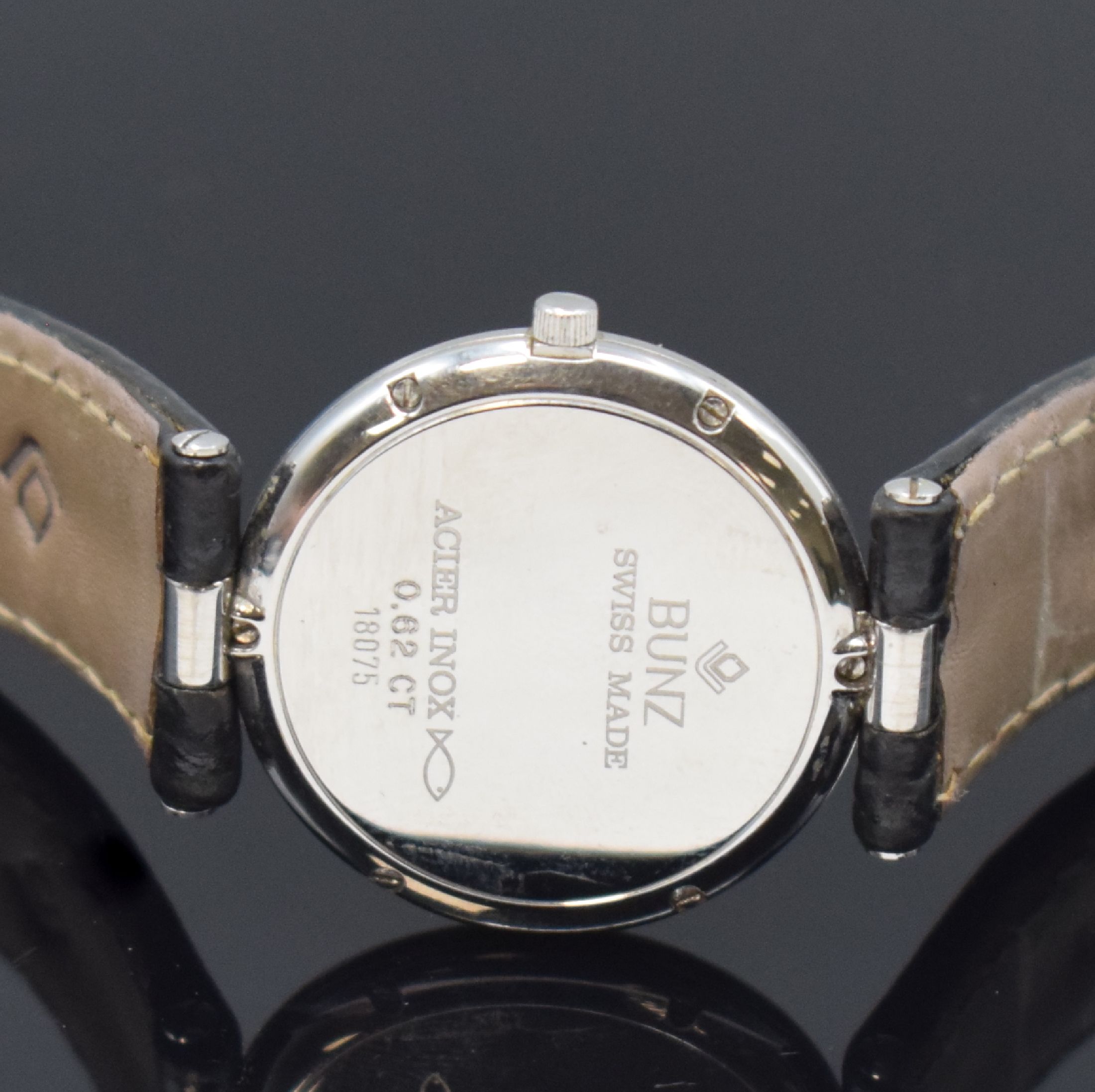Detail c: BUNZ ausgefallene Armbanduhr DIAMONDTIME, Schweiz um 2005, quarz, Edelstahl inkl. orig. Lederband m. orig. Dornschl., Boden 6-fach verschr., Lünette ...