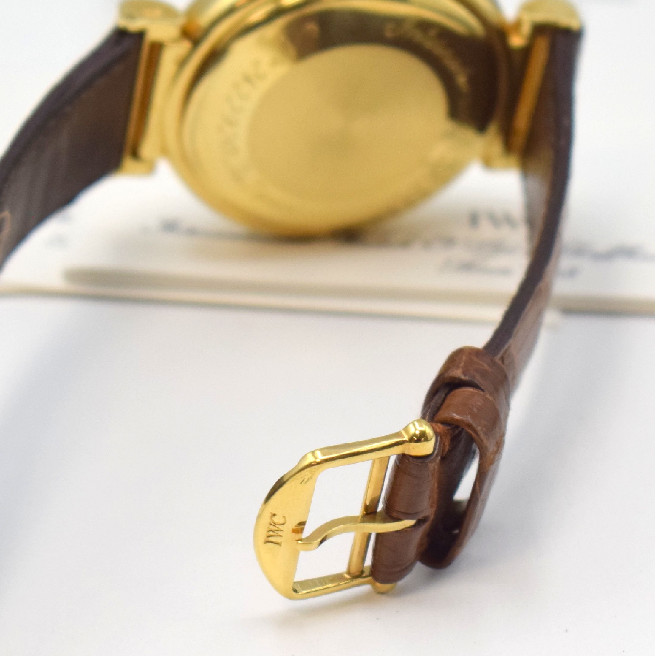 Detail b: IWC feiner astronomischer Armbandchronograph Modell Da Vinci mit ewigem Kalender Referenz 3750 in GG 750/000, Automatik, orig. Lederband m. orig. ...