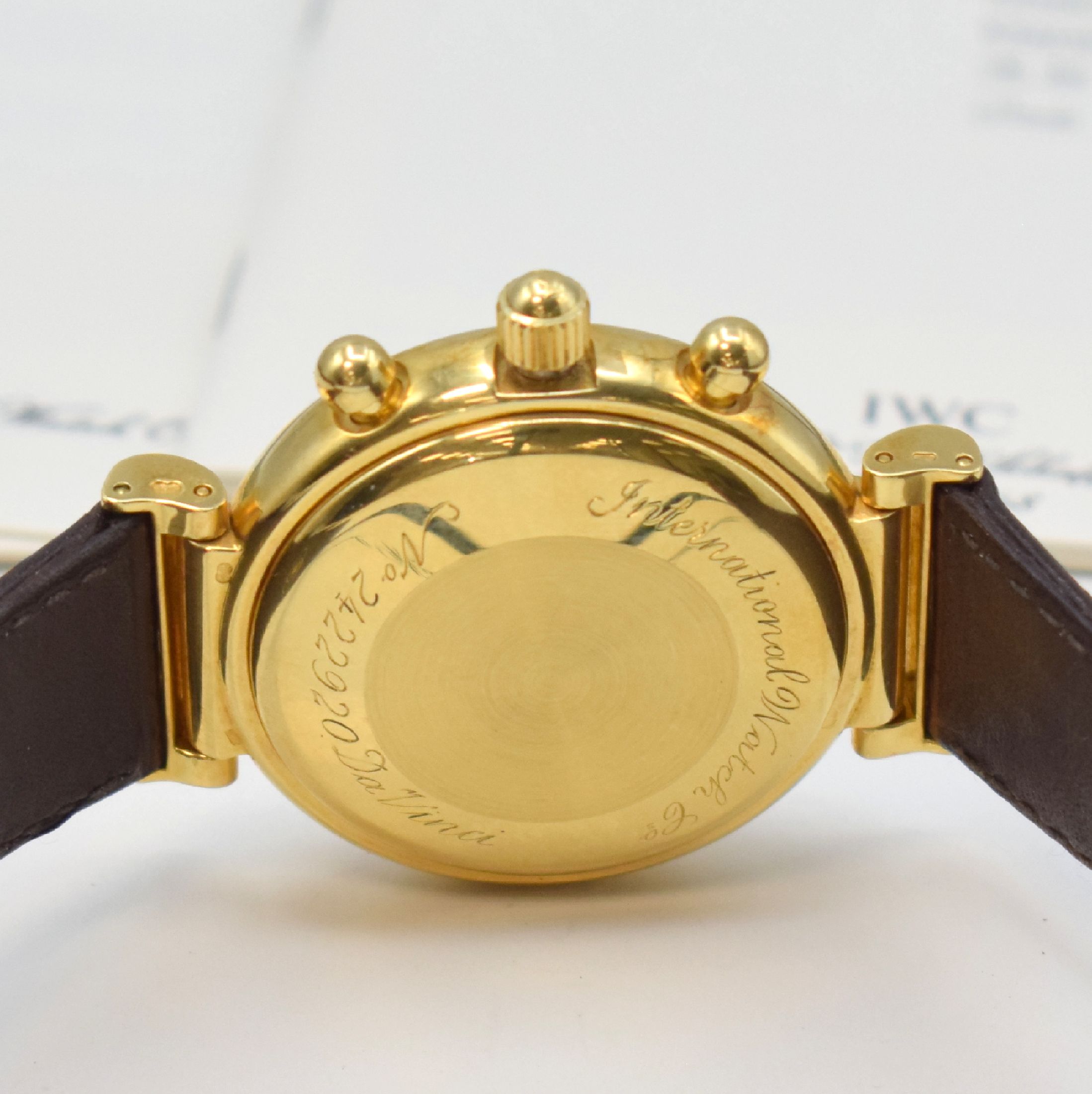 Detail e: IWC feiner astronomischer Armbandchronograph Modell Da Vinci mit ewigem Kalender Referenz 3750 in GG 750/000, Automatik, orig. Lederband m. orig. ...
