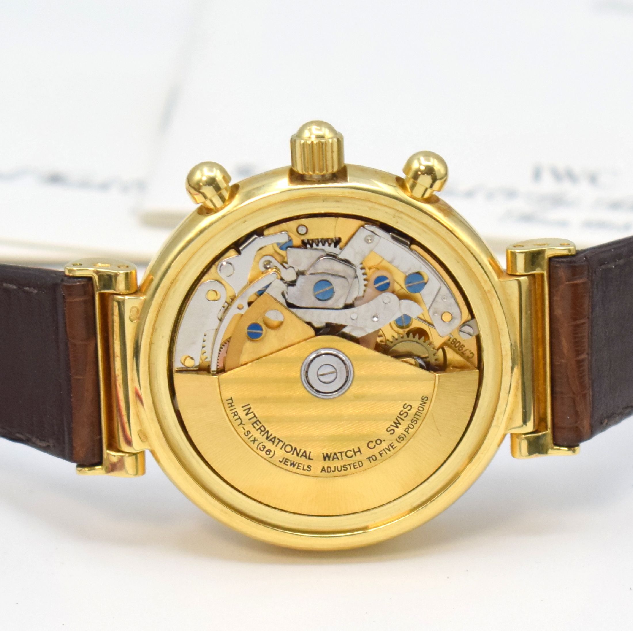 Detail f: IWC feiner astronomischer Armbandchronograph Modell Da Vinci mit ewigem Kalender Referenz 3750 in GG 750/000, Automatik, orig. Lederband m. orig. ...
