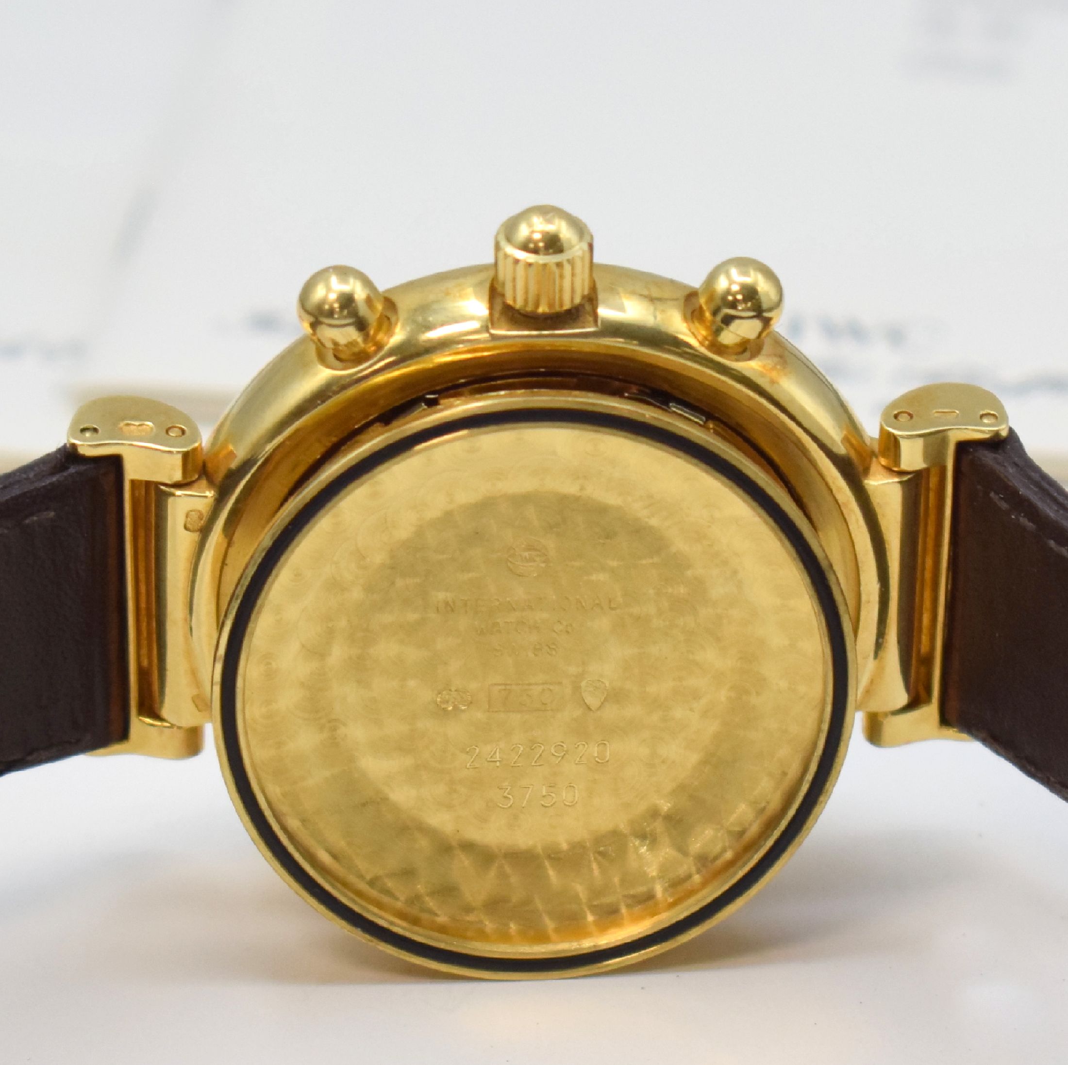 Detail h: IWC feiner astronomischer Armbandchronograph Modell Da Vinci mit ewigem Kalender Referenz 3750 in GG 750/000, Automatik, orig. Lederband m. orig. ...