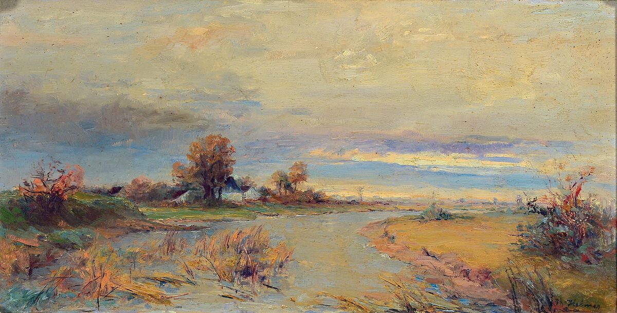 Philipp Helmer, 1846 Trippstadt-1912 Olching , Flusslandschaft unter verhangenem Himmel, Öl/Holzplatte, verso altes Etikett mit Verweis auf ...