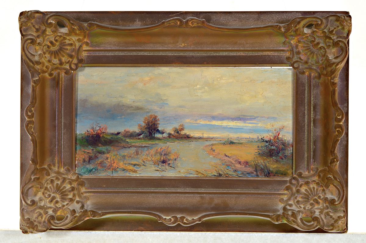 Detail k: Philipp Helmer, 1846 Trippstadt-1912 Olching , Flusslandschaft unter verhangenem Himmel, Öl/Holzplatte, verso altes Etikett mit Verweis auf ...