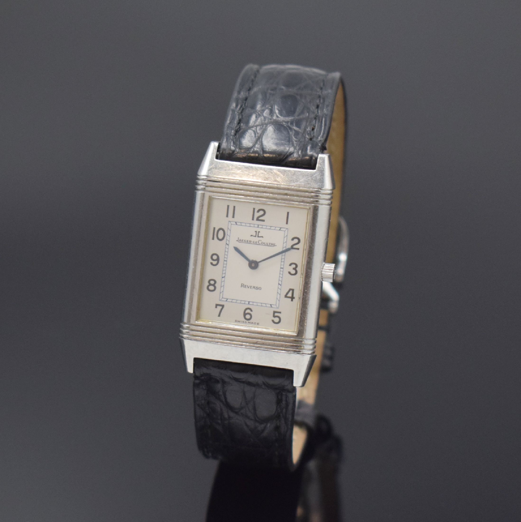 Jaeger-LeCoultre Reverso Herrenarmbanduhr in Edelstahl Referenz 250.8.86, Schweiz um 2000, Handaufzug, drehbares Innengehäuse, Lederband m. orig. ...