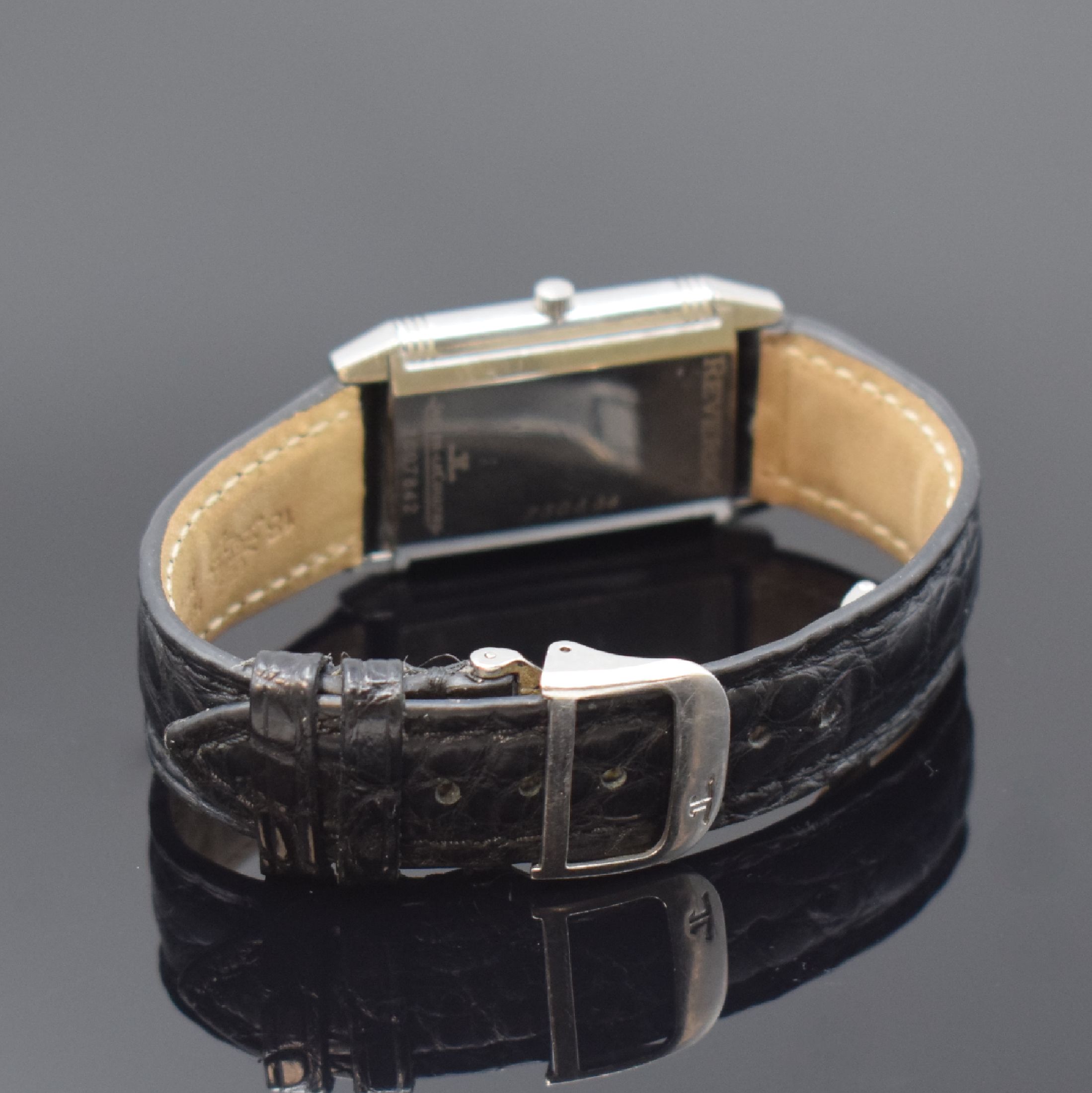 Detail b: Jaeger-LeCoultre Reverso Herrenarmbanduhr in Edelstahl Referenz 250.8.86, Schweiz um 2000, Handaufzug, drehbares Innengehäuse, Lederband m. orig. ...