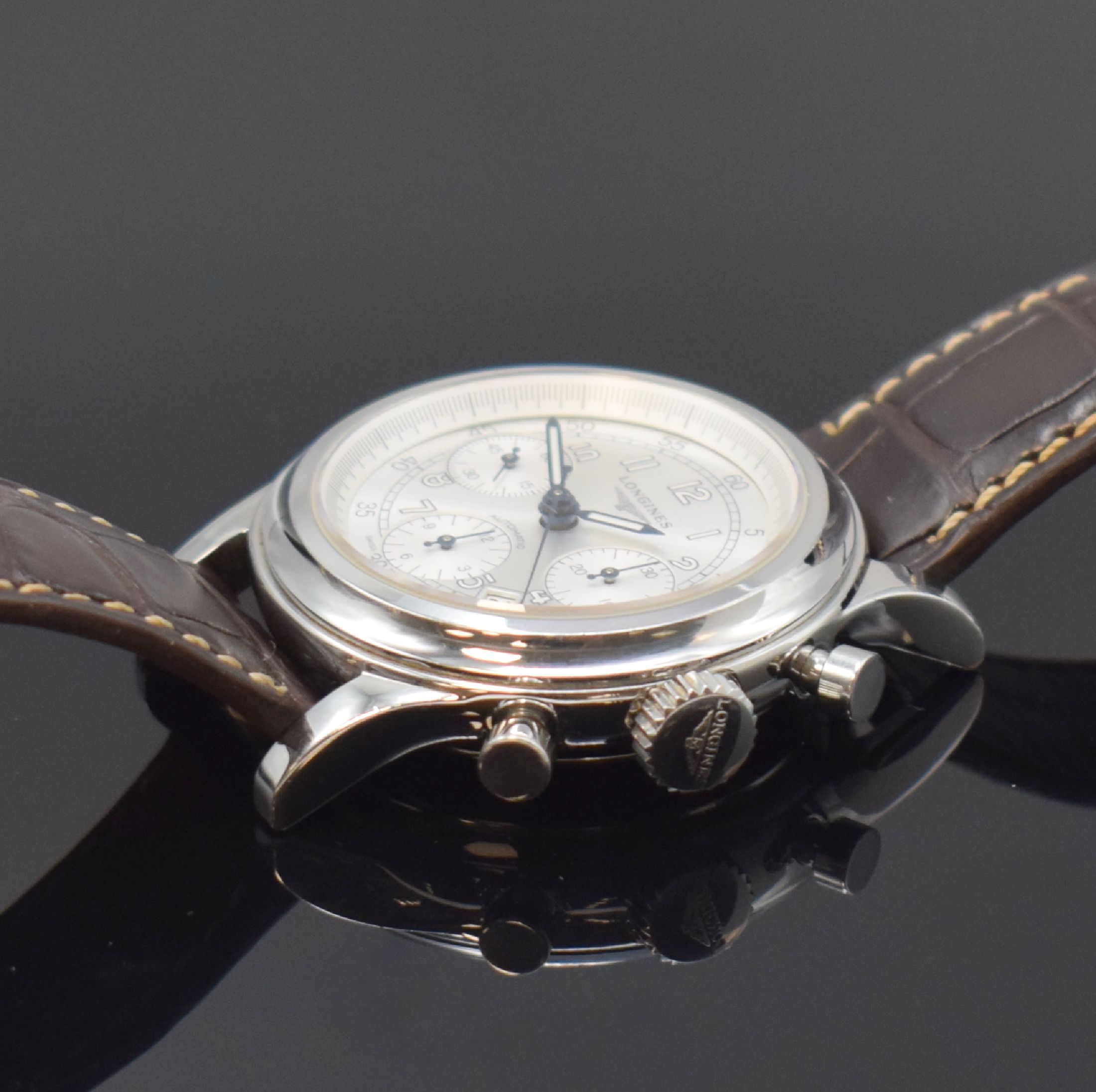 Detail c: LONGINES Heritage 1951 Herrenarmbanduhr mit Chronograph Referenz L2.745.4, Schweiz um 2015, Automatik, 2-teil. Edelstahlgehäuse, Boden u. Glasrand ...